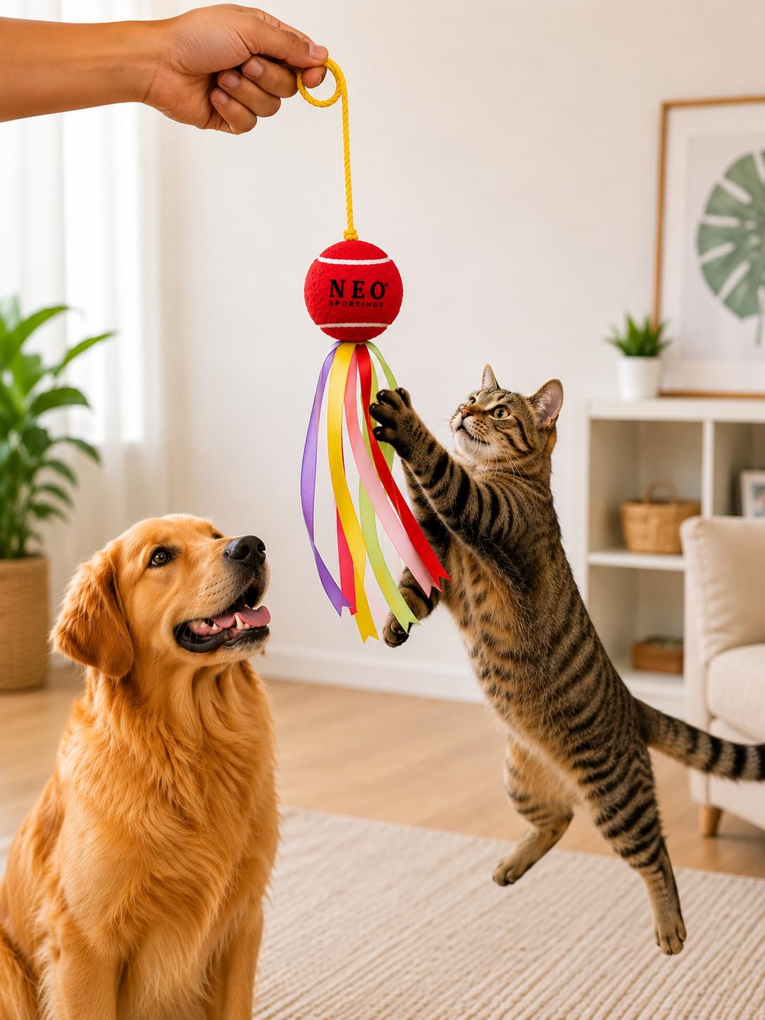 Neo Sportings Hanging Tennis Ball With Colorful Ribbons For Dogs & Cats
