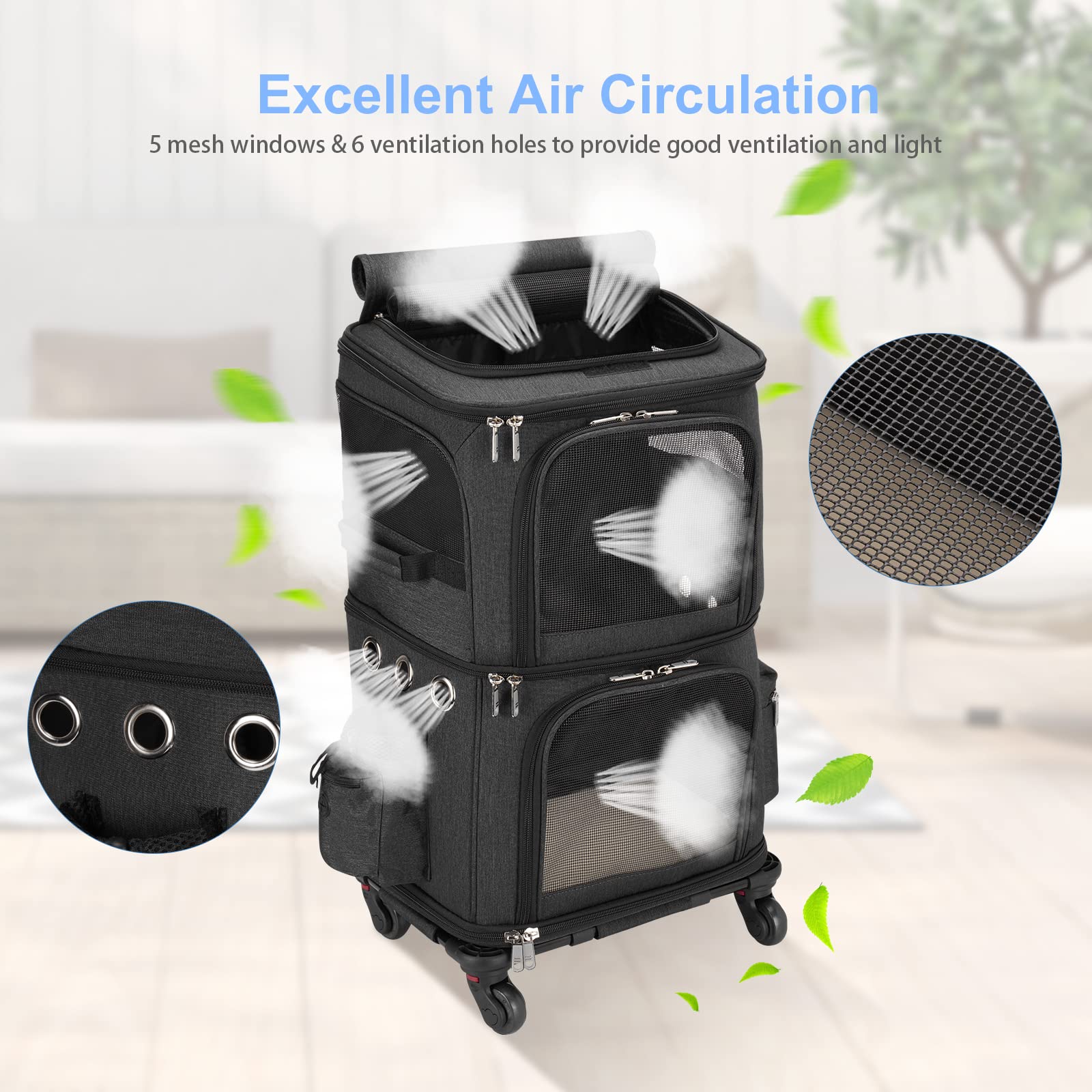 Hovono Double-Compartment Pet Carrier Backpack With Wheels For Small Cats And Dogs, Cat Rolling Carrier For 2 Cats, Perfect For Traveling/Taking A Walk/Trips To The Vet, Black