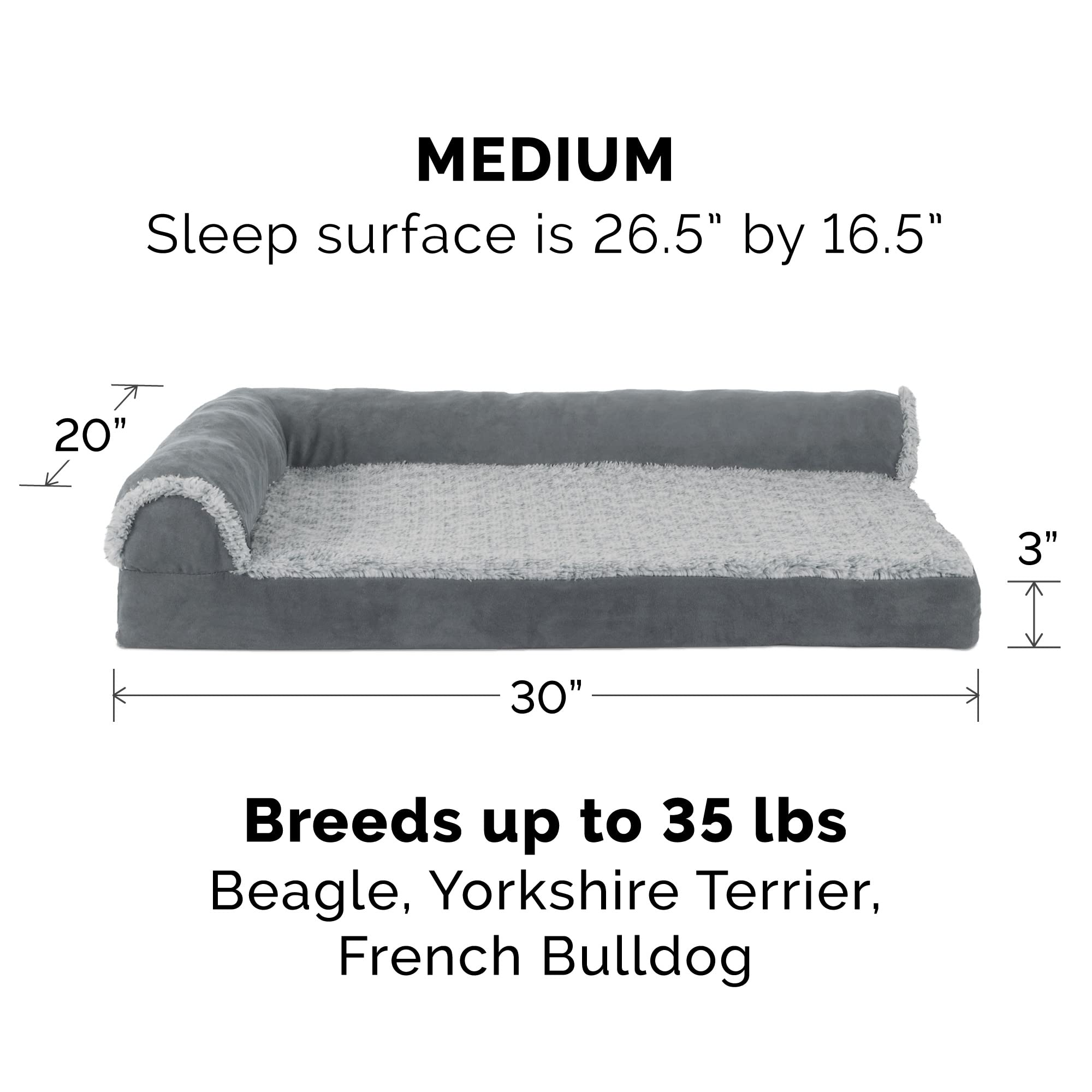 Furhaven Orthopedic Dog Bed For Medium/Small Dogs W/ Removable Bolsters & Washable Cover, For Dogs Up To 35 Lbs - Two-Tone Plush Faux Fur & Suede L Shaped Chaise - Stone Gray, Medium