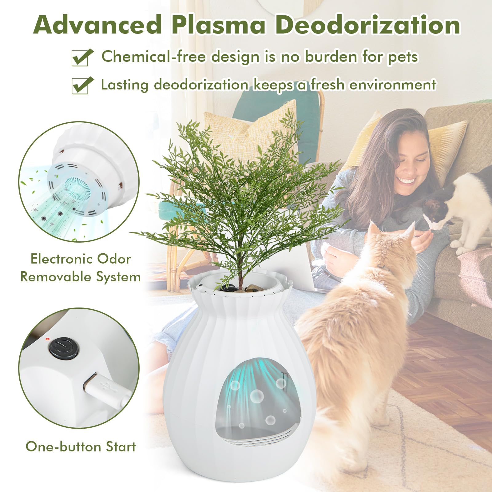 Petsite White Plant Litter Box, Cat Hidden Litter Box Enclosure With Artificial Plant, Advanced Odor Removal System, Detachable