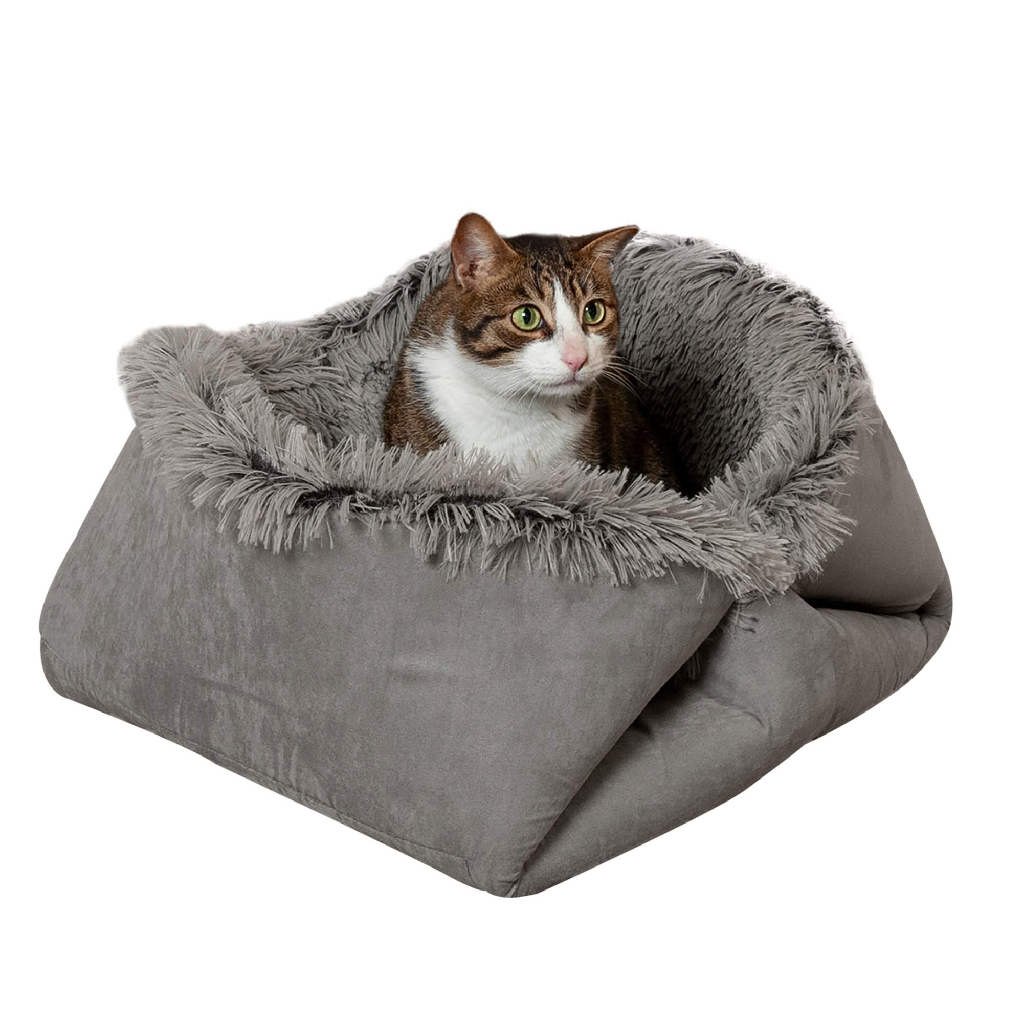 Furhaven Self-Warming Cat Bed for Indoor Cats, 4-Beds-in-1 & Washable - Plush Long Faux Fur Convertible Cuddler - Gray, Large, 3