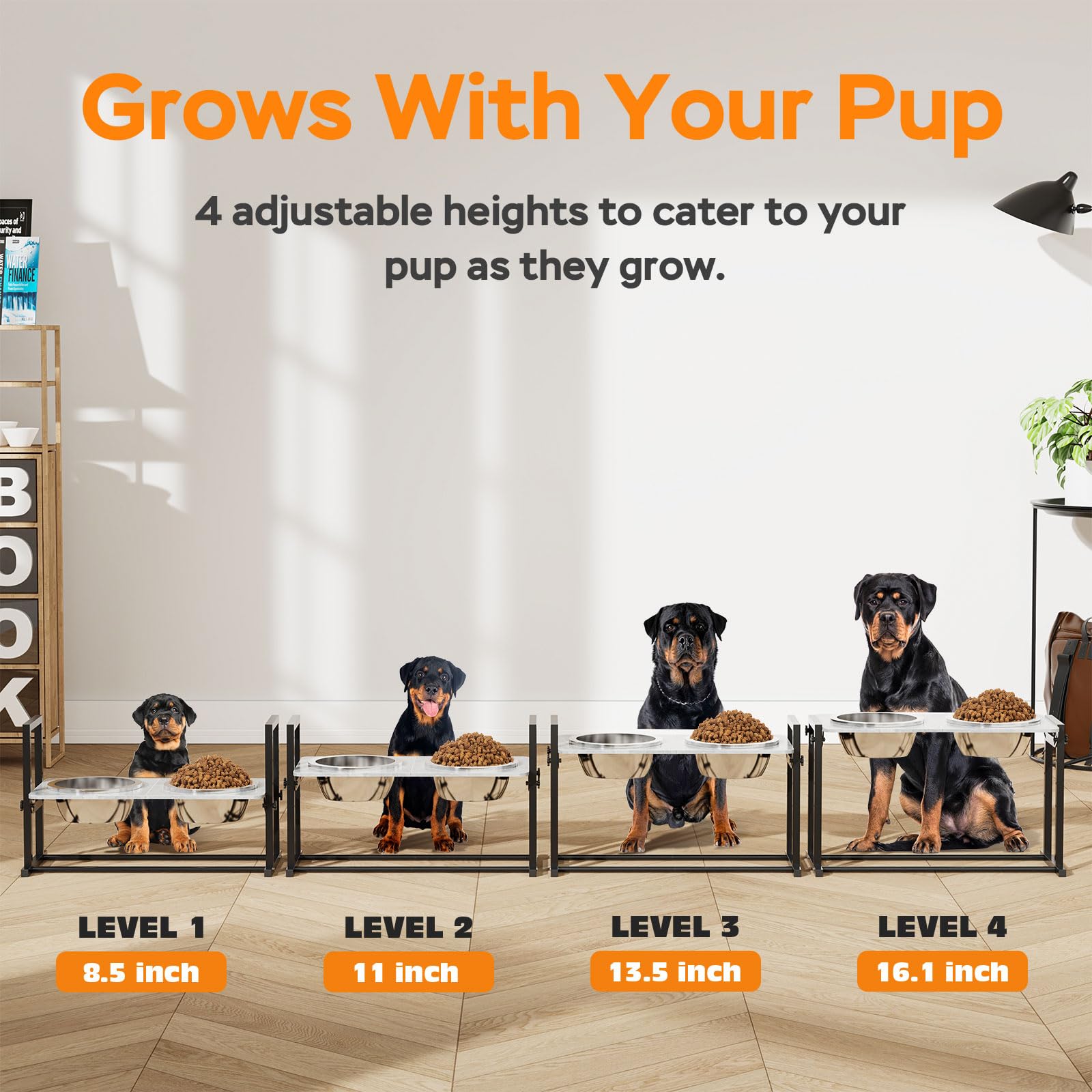 Elevated Dog Bowls For Extra Large Dogs, 4 Height Adjustable Tilted Raised Dog Bowl Stand With 2 Stainless Steel 3L Bowls, 16.1