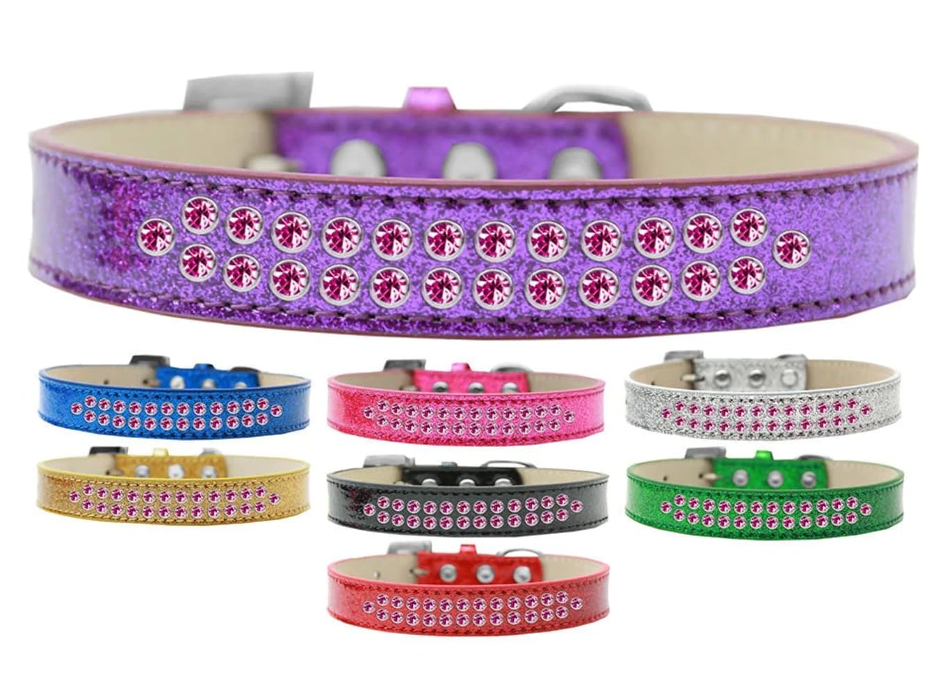 Dog, Puppy & Pet Ice Cream Collar, Two Row Bright Pink Crystal Rimsets Silver 16