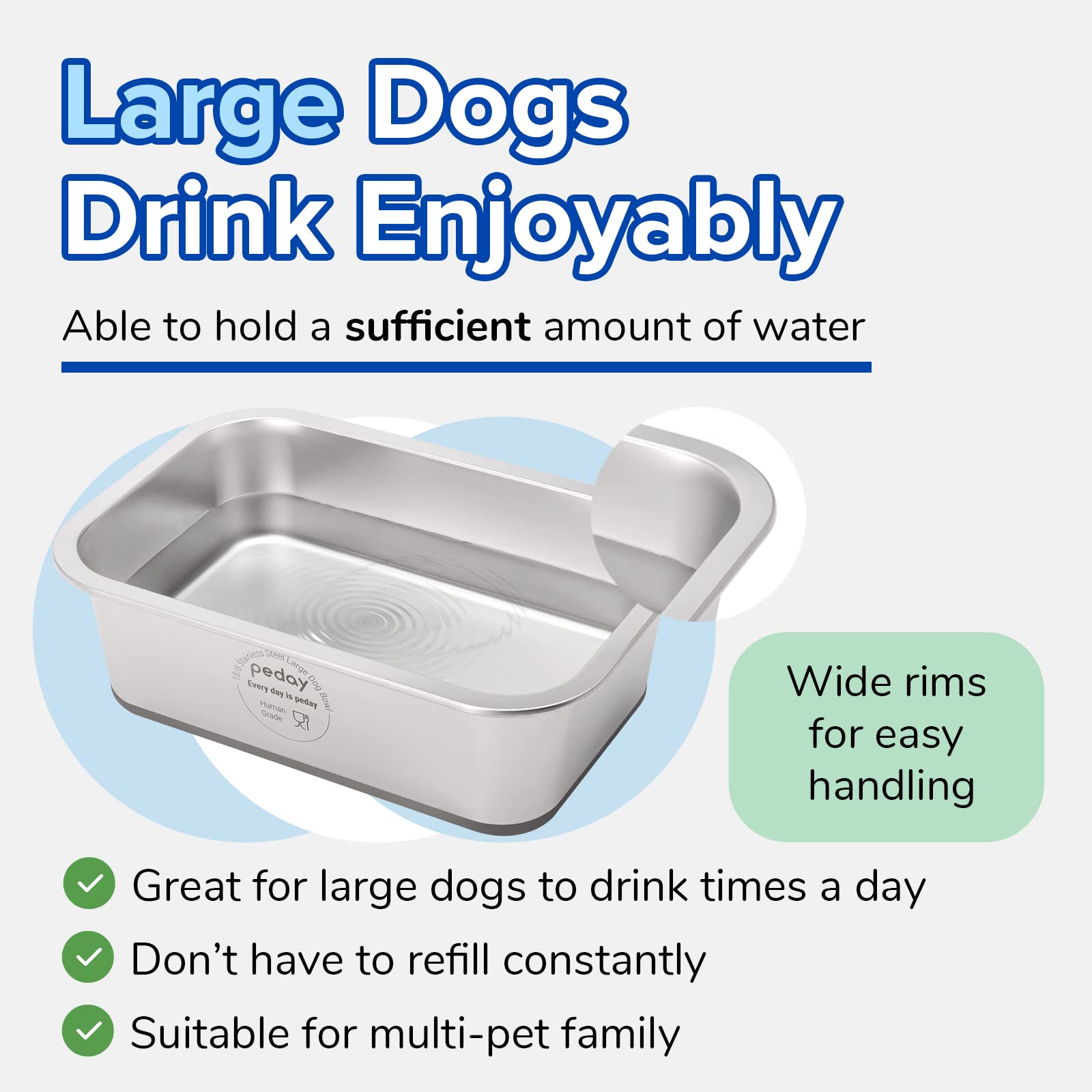 PEDAY 1.2 Gallon Large Dog Water Bowl, 18/8 Human Grade Stainless Steel - Silver Nonslip
