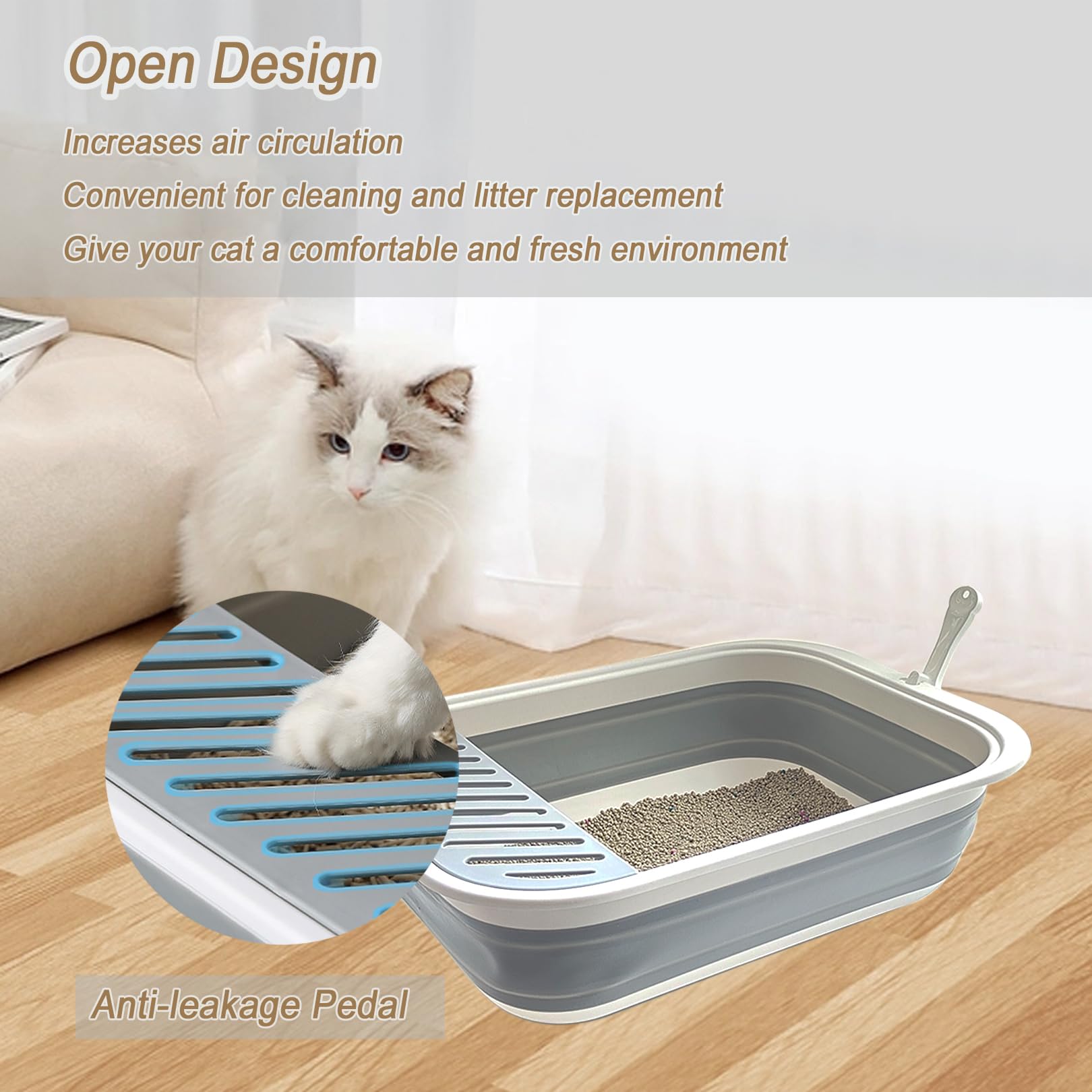 Chuyouan Senior Collapsible Cat Litter Pan - Low Entry, Foldable Pet Toilet for Elderly Cats, Grey, 20.9x15.7x5.7 inch