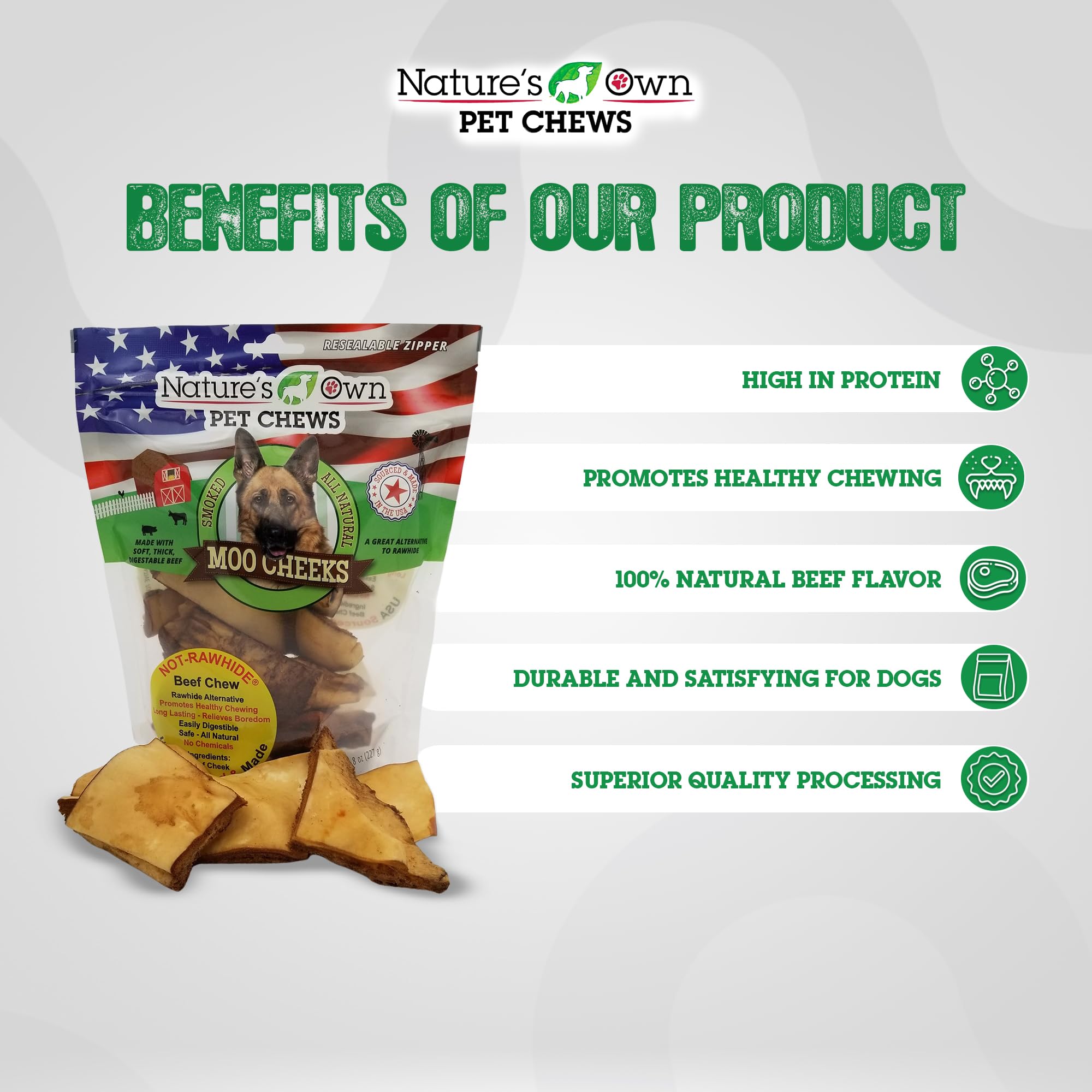 Natures Own Pet Chews Pet Chews Smoked Moo Moo Cheeks 8 oz - Natures Own Pet Chews Bag Treat - 100% Natural Made with Soft, Th