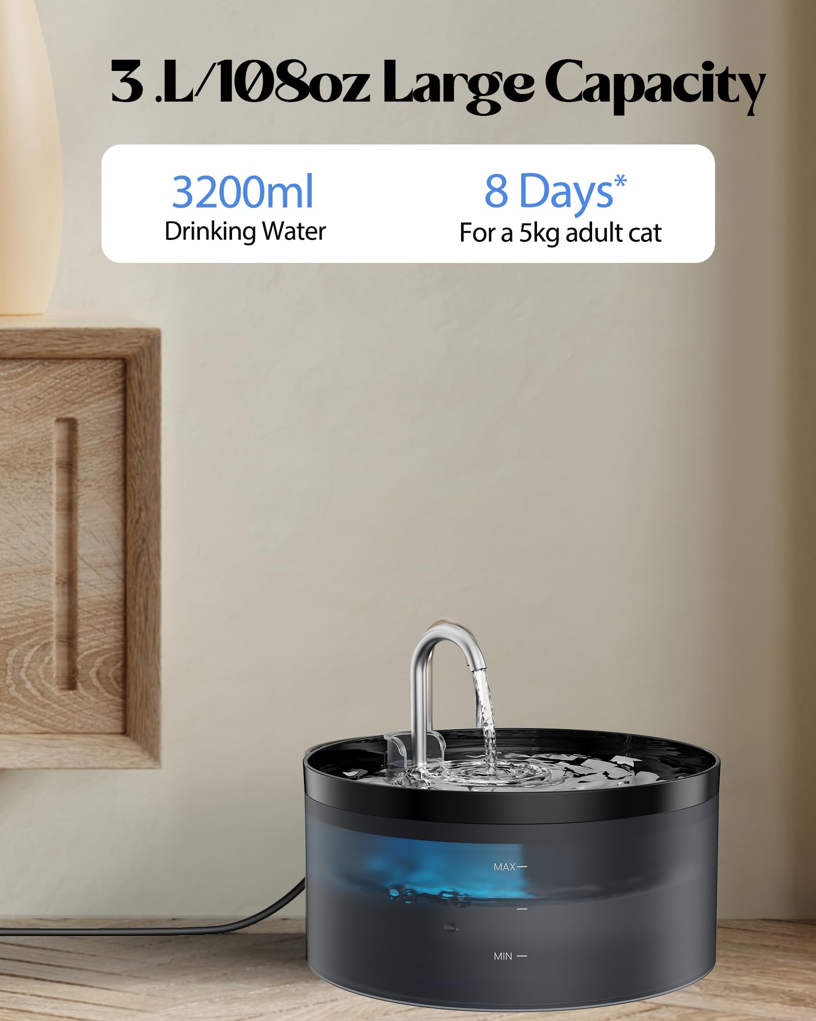 Cat Water Fountain For Cats Indoor: 108Oz/3.2L Cat Fountain - Silent Pet Water Fountain For Drinking - Black Cat Drinking Founta