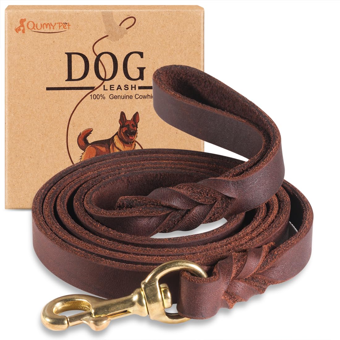 QUMY Leather Dog Leash 4ft - Heavy Duty Training Lead for Large, Medium and Small Dogs - Soft and Strong Genuine Leather Braided