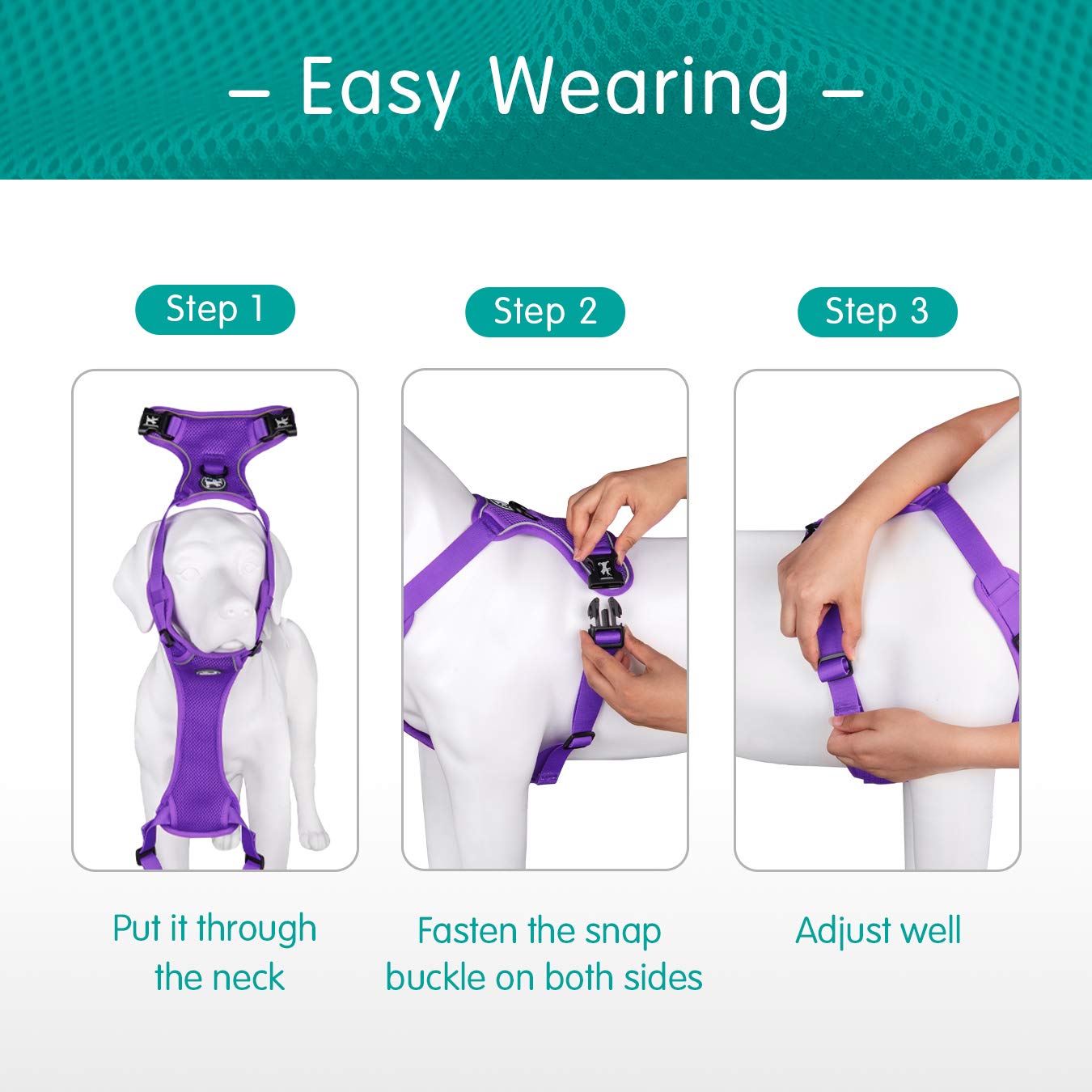 Poypet Reflective Soft Breathable Mesh Dog Harness No Choke Double Padded Vest Adjustable(Purple,L)