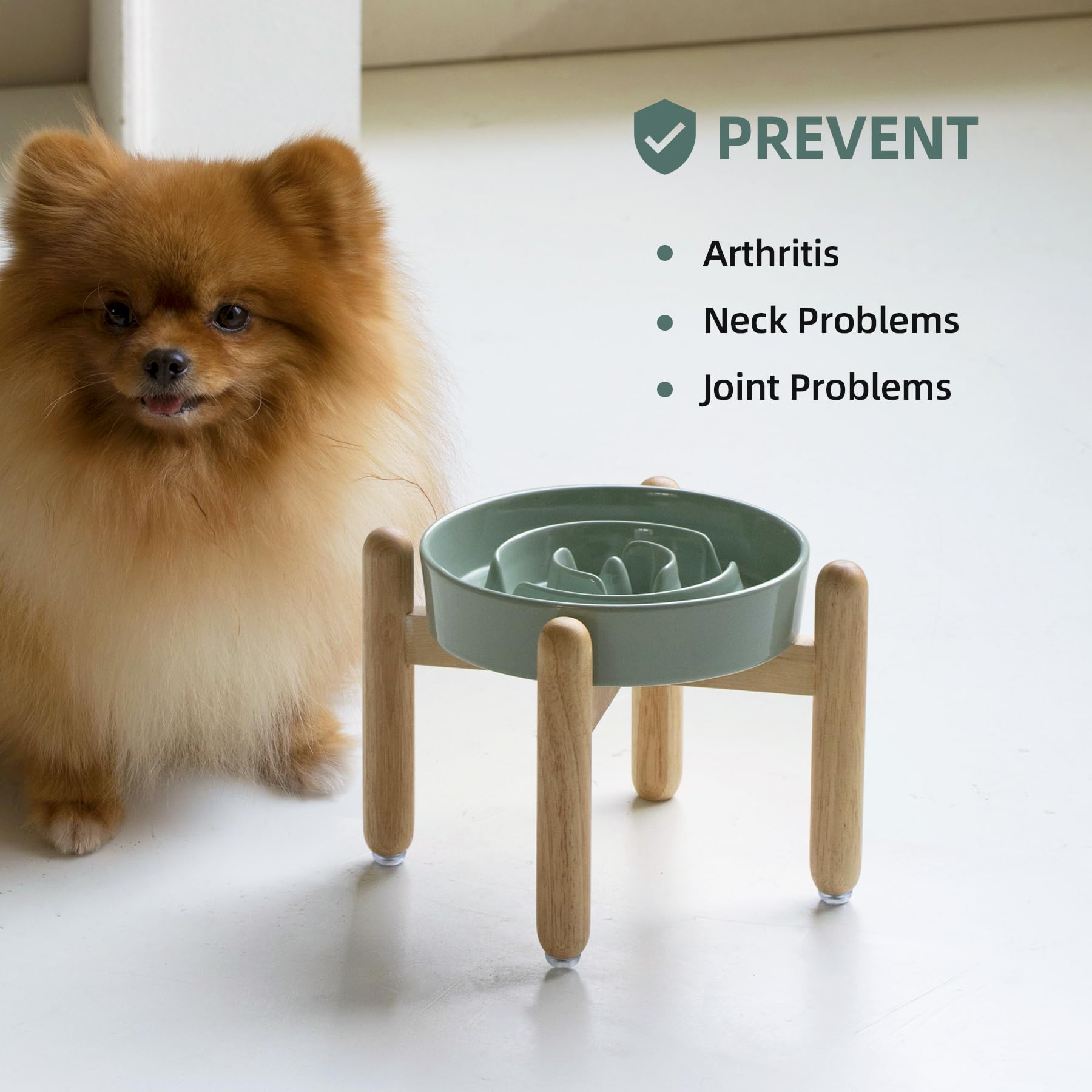 Havniva 7.3Inch Ceramic Raised Slow Feeder Dog Bowl Set, Elevated Wooden Stand For Medium And Small Dog, Puzzle Slow Dish, Preve