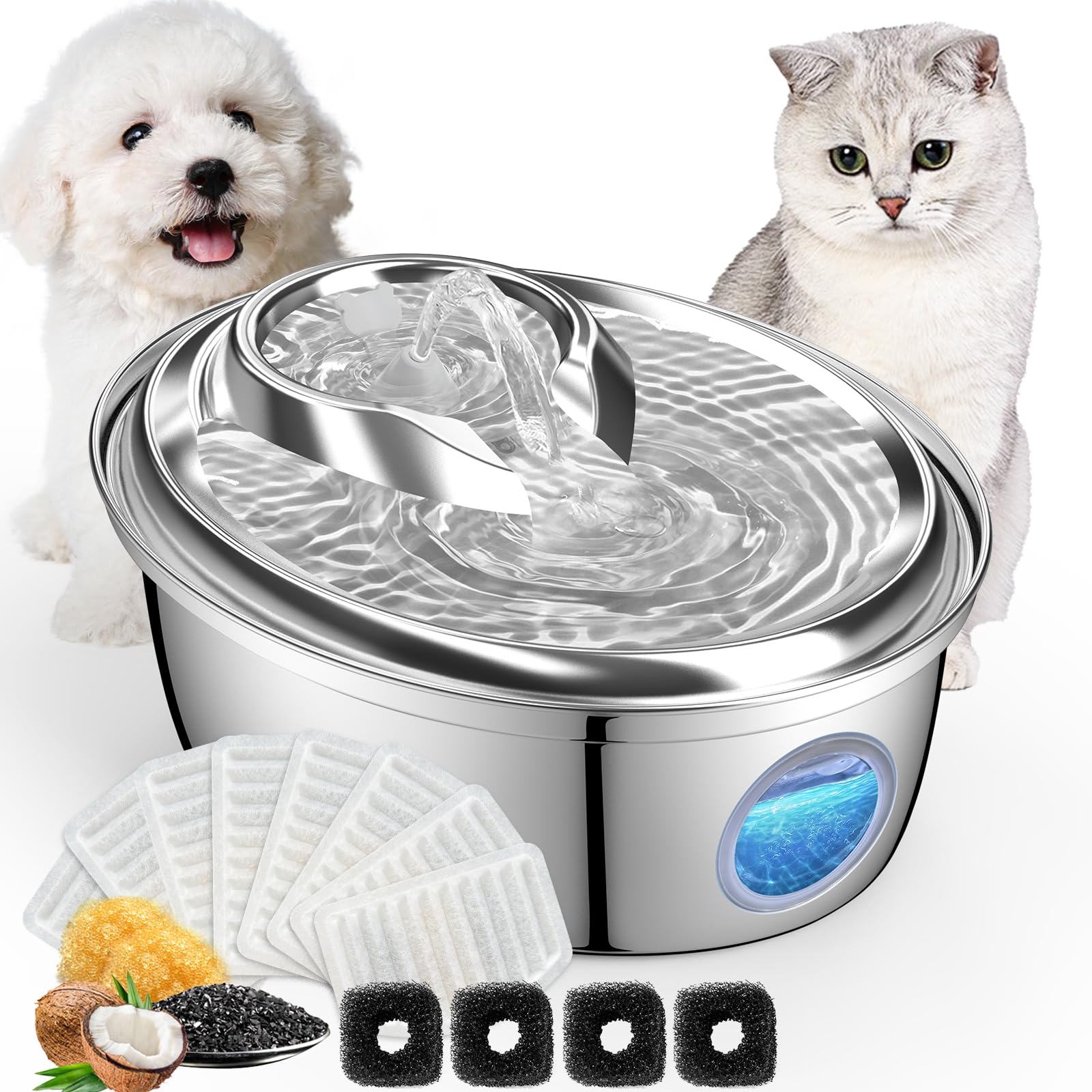 Orsda Stainless Steel Cat Water Fountain, 100Oz/3L Automatic Pet Drinking Fountain, Dog Water Dispenser Bowl With Led Window For