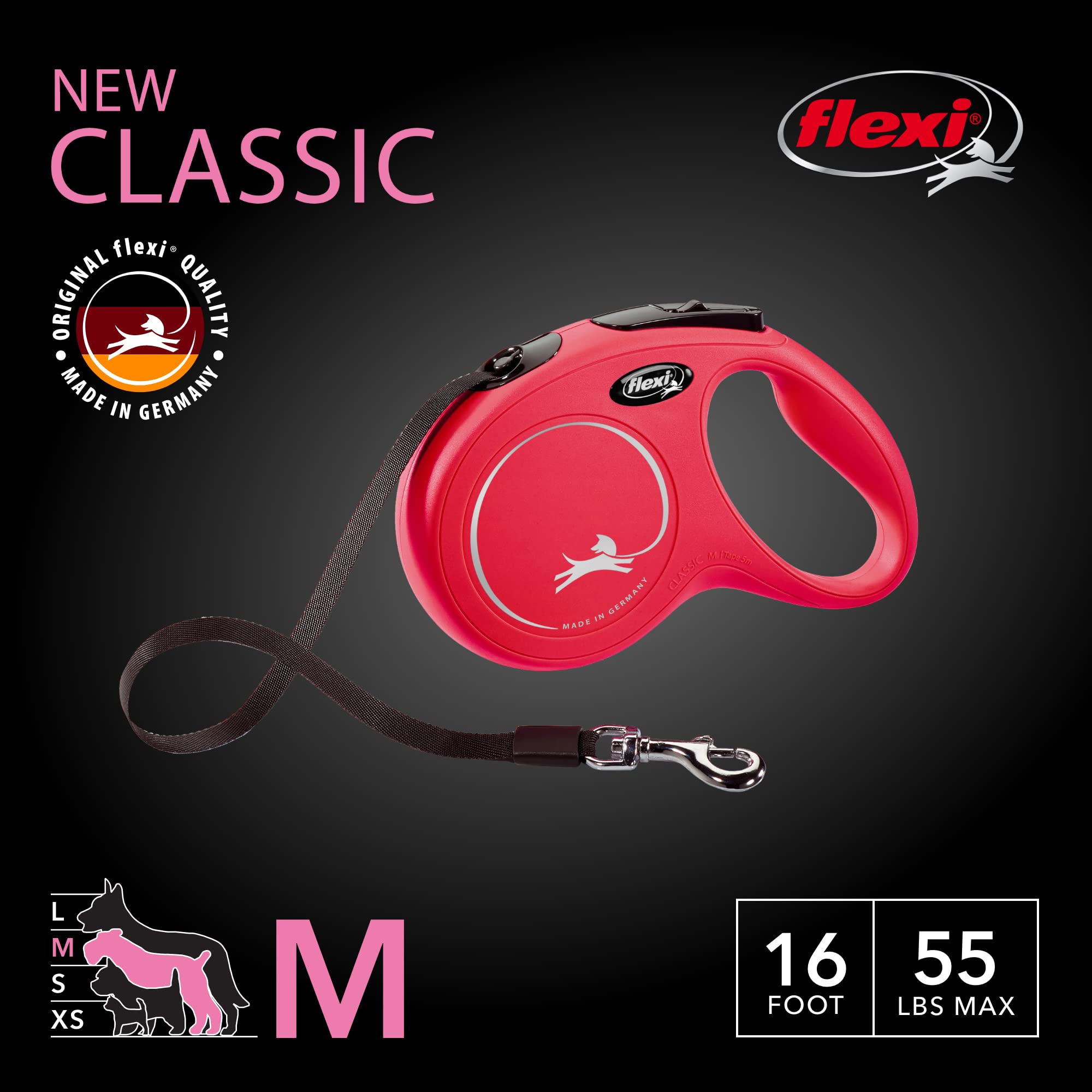 Flexi New Classic Tape Retractable Dog Leash For Medium-Sized Dogs Upto 55 Lbs. – 16 Ft., Red | Tangle Free Pet Walking Leash With One-Handed Brake, Pause, Lock|German Quality Product
