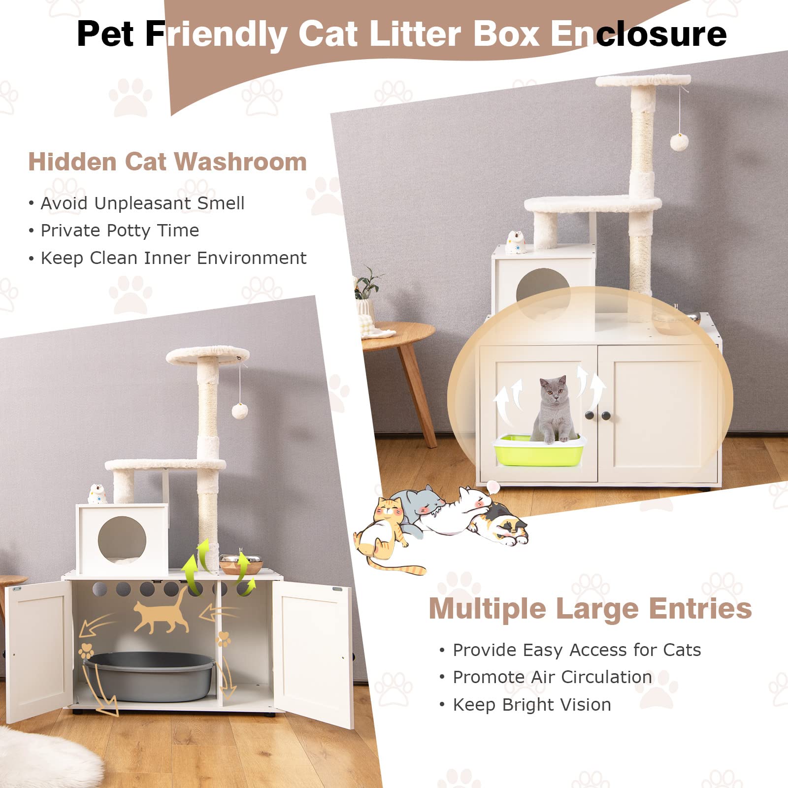 Tangkula 2-In-1 Litter Box Enclosure With Cat Tree Tower, Hidden Washroom With Condo, Plush Perch, Scratching Posts, Furniture W