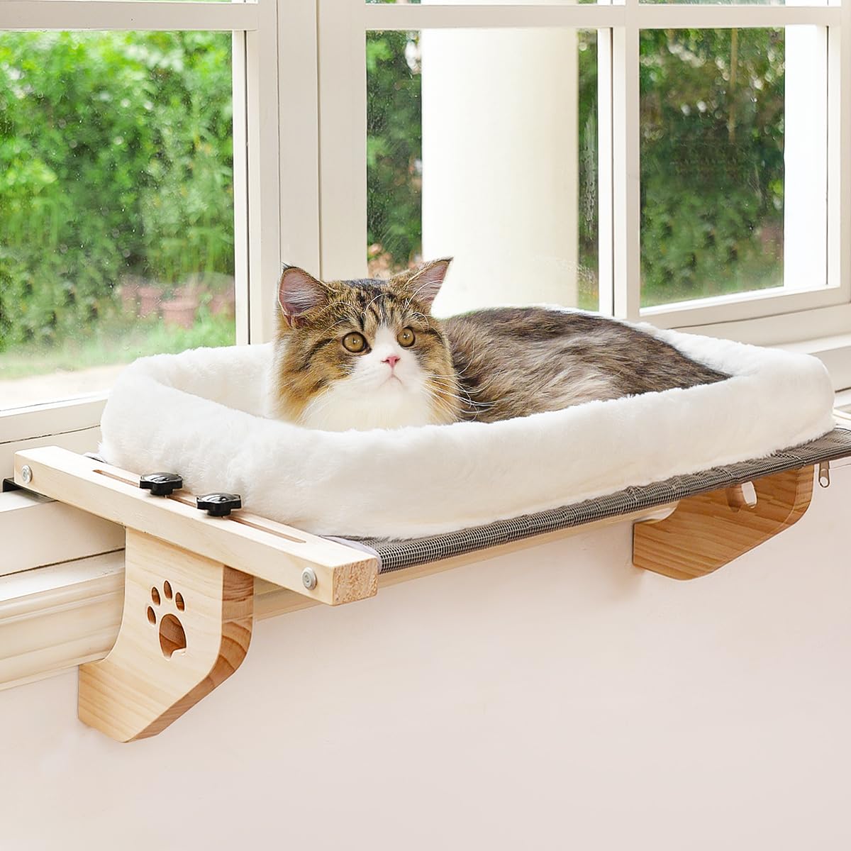 Amosijoy Cat Sill Window Perch Sturdy Cat Hammock Window Seat With Wood & Metal Frame For Large Cats, Easy To Adjust Cat Bed For