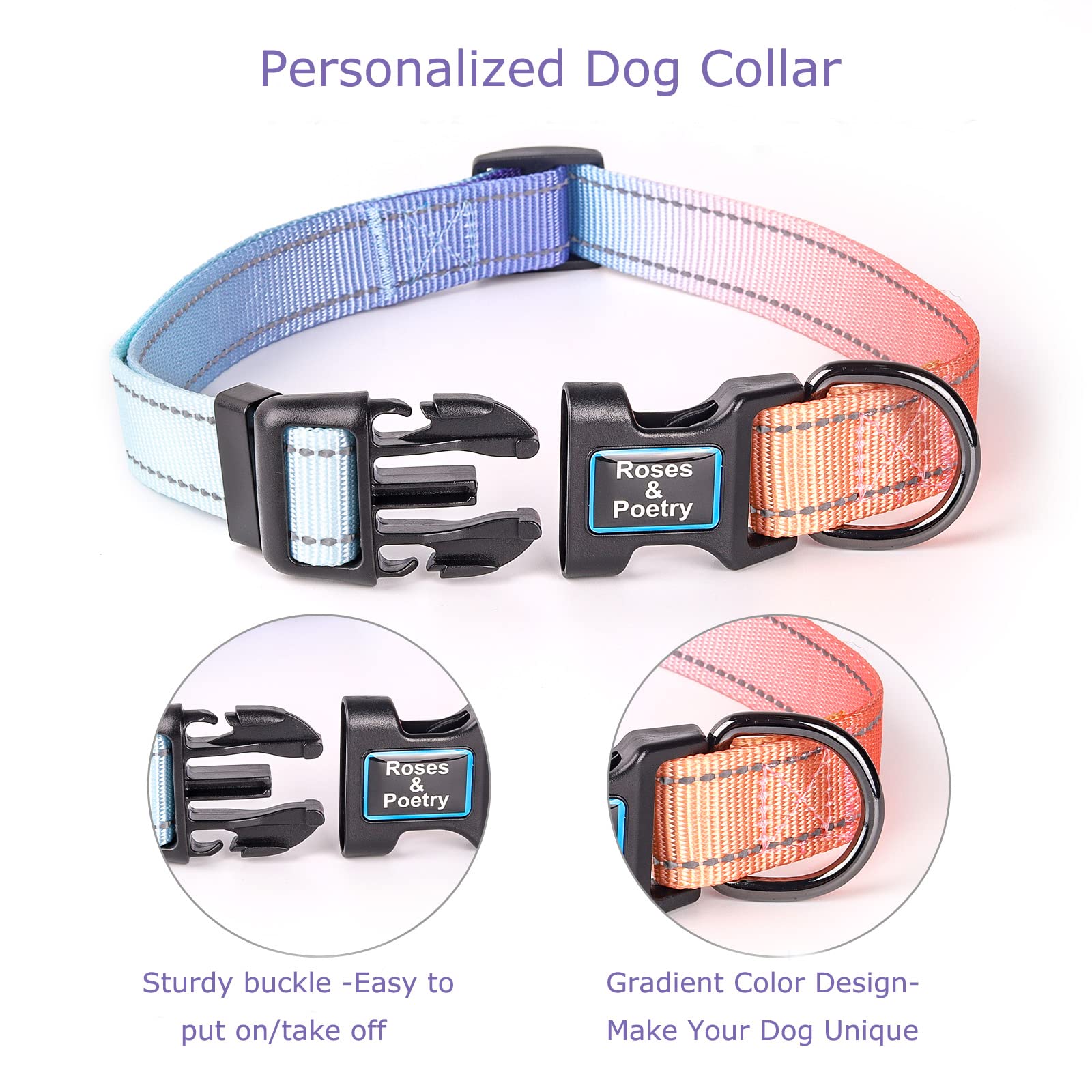 Roses&Poetry Reflective Dog Collar With Gradient Azure, Adjustable Durable Pet Collars For Small Medium Large Dogs (Azure-L)
