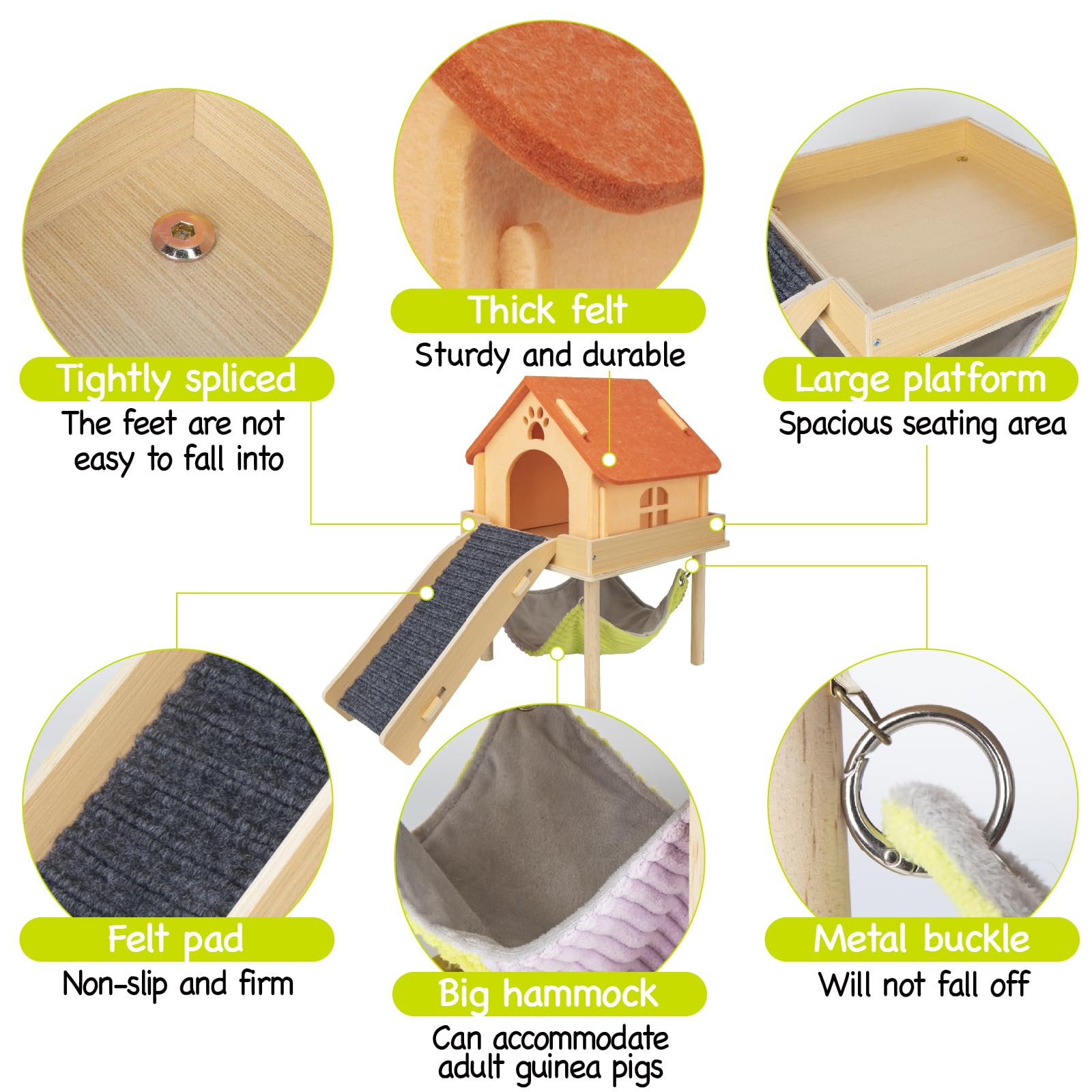 Besnew 3 In 1 Enlarged Guinea Pig Hammock,Wooden Guinea Pig Hideout With House & Platform & Stairs Small Animal Toys For Hiding