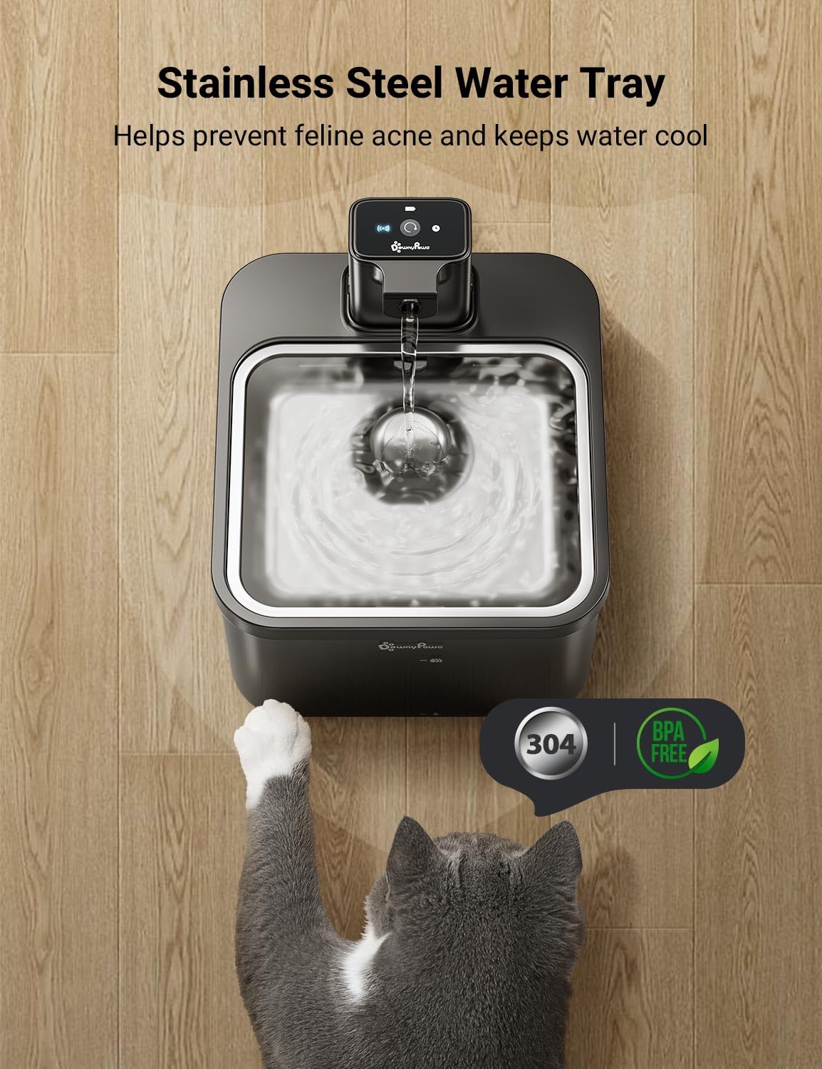 DownyPaws Cat Water Fountain Stainless Steel Cordless, 84oz/2.5L Fursink Wireless Pet Water Fountains for Cats Indoor, Battery O
