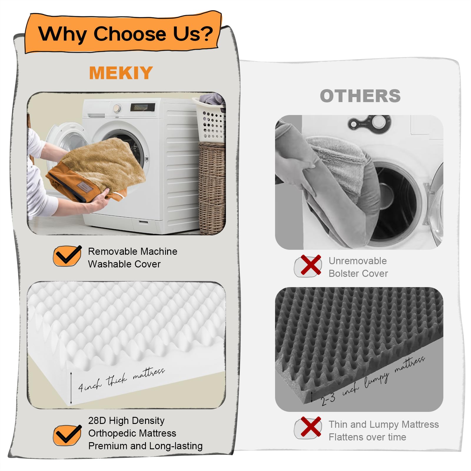 Large Dog Bed Orthopedic Washable, Orthopedic Dog Beds For Large Dogs, Washable Cover Removable Bolster And Non-Slip Bottom Pet