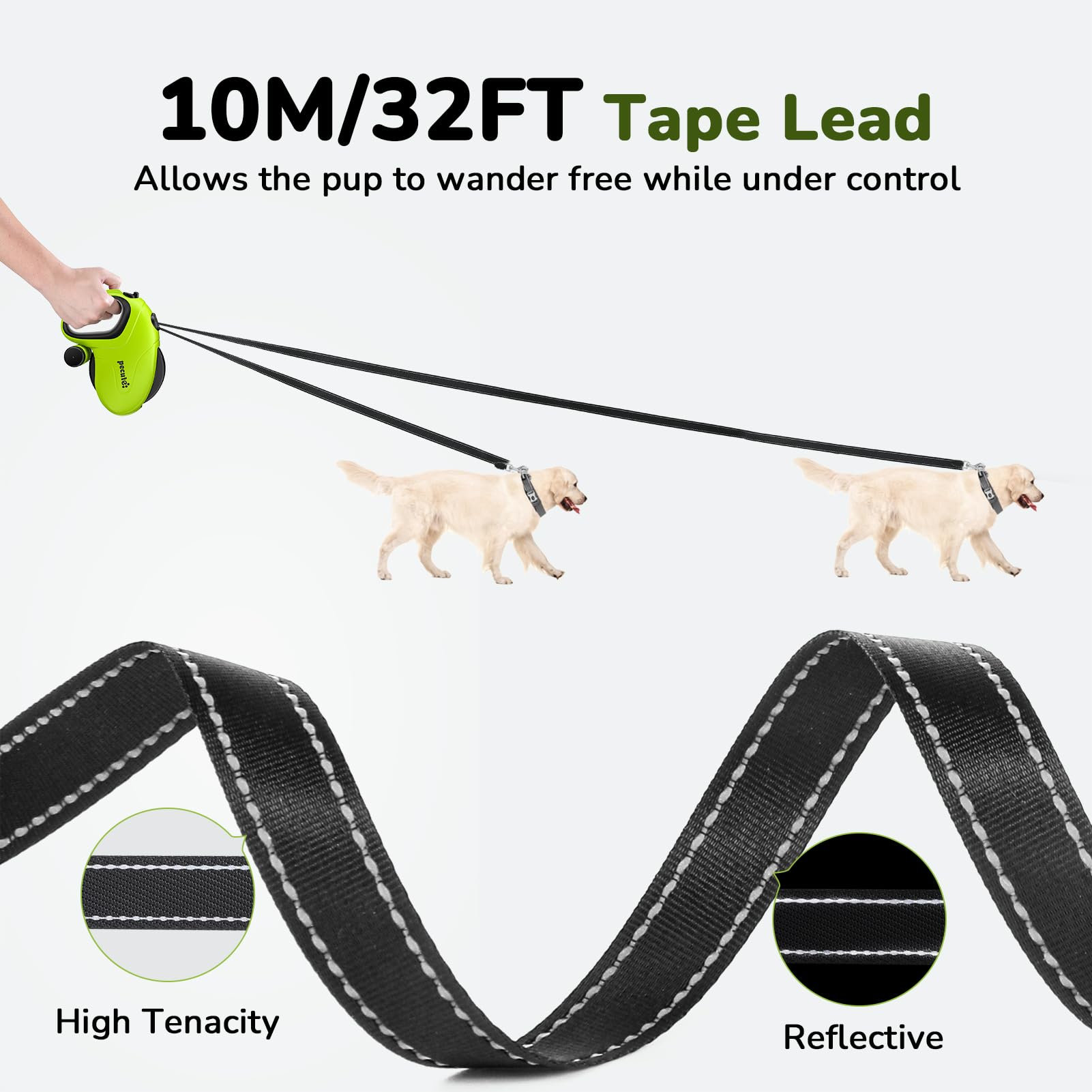 Pecute 32Ft Retractable Dog Leash With Reflective Strips, 360 Tangle-Free, One-Button Control & Sturdiness Nylon Material, Long