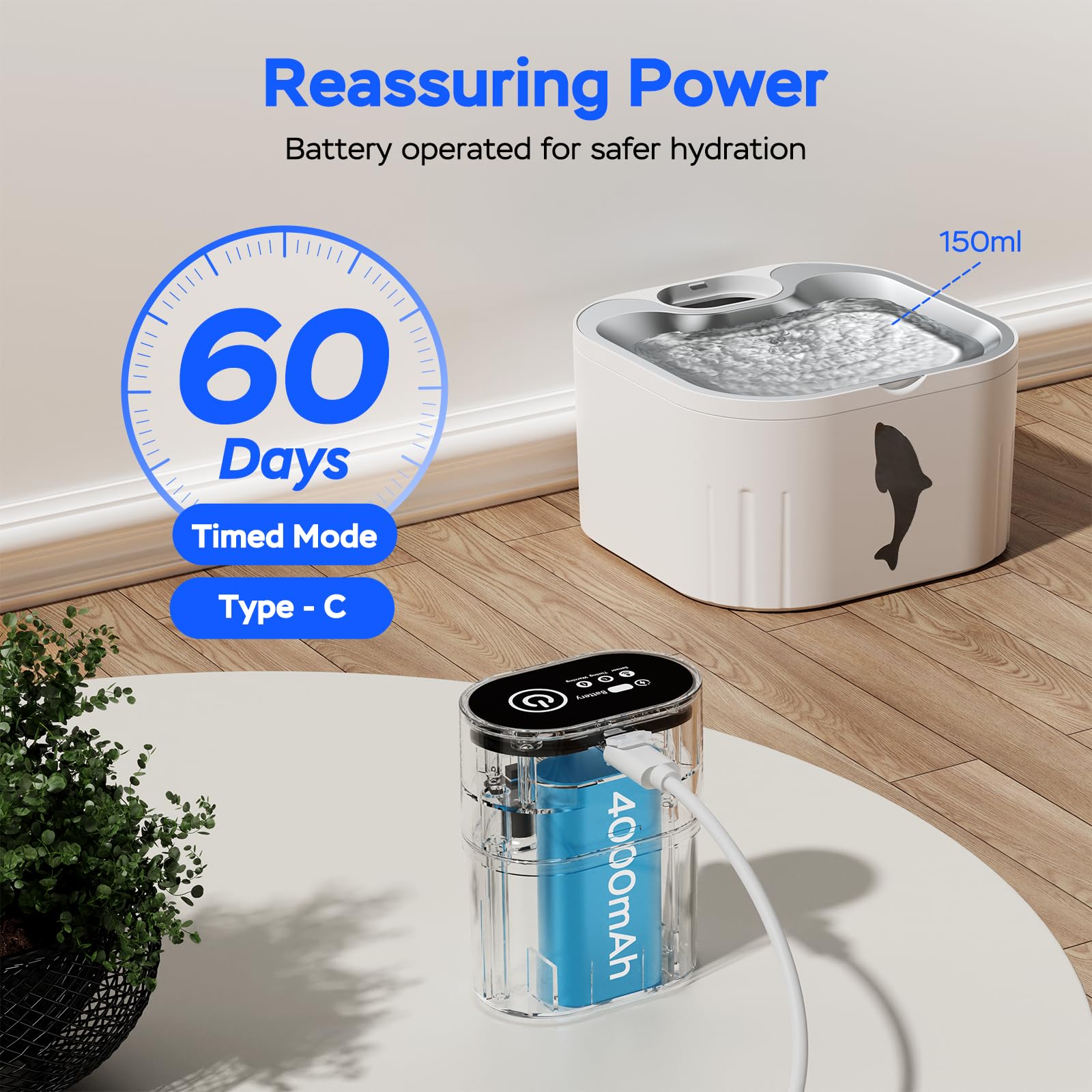 Senyoson Wireless Cat Water Fountain Stainless Steel, 101Oz/3.2L Cat Fountain Battery Operated, Cordless Pet Water Fountain For