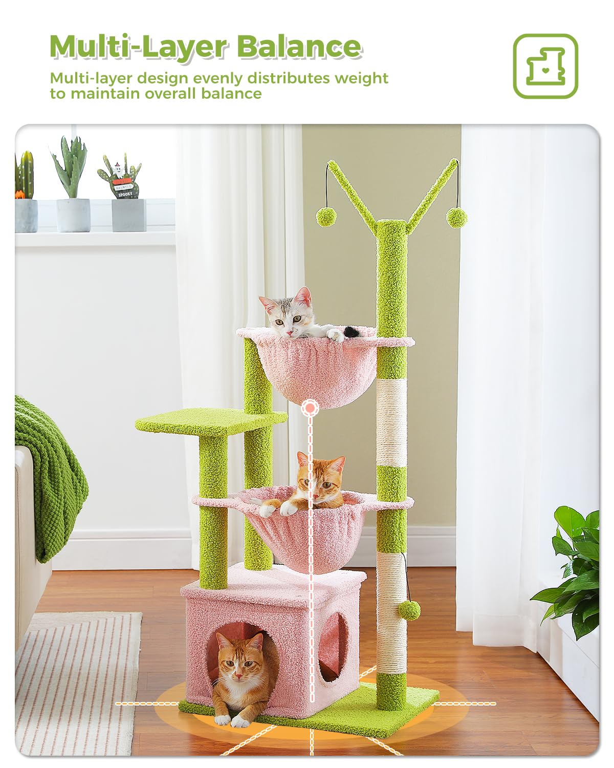 Muttros Pink Cat Tree, 47.6'' Cat Tower With 2 Metal Frame Hammock, Cat Scratching Post For Indoor Cats With 2 Removable Pompom
