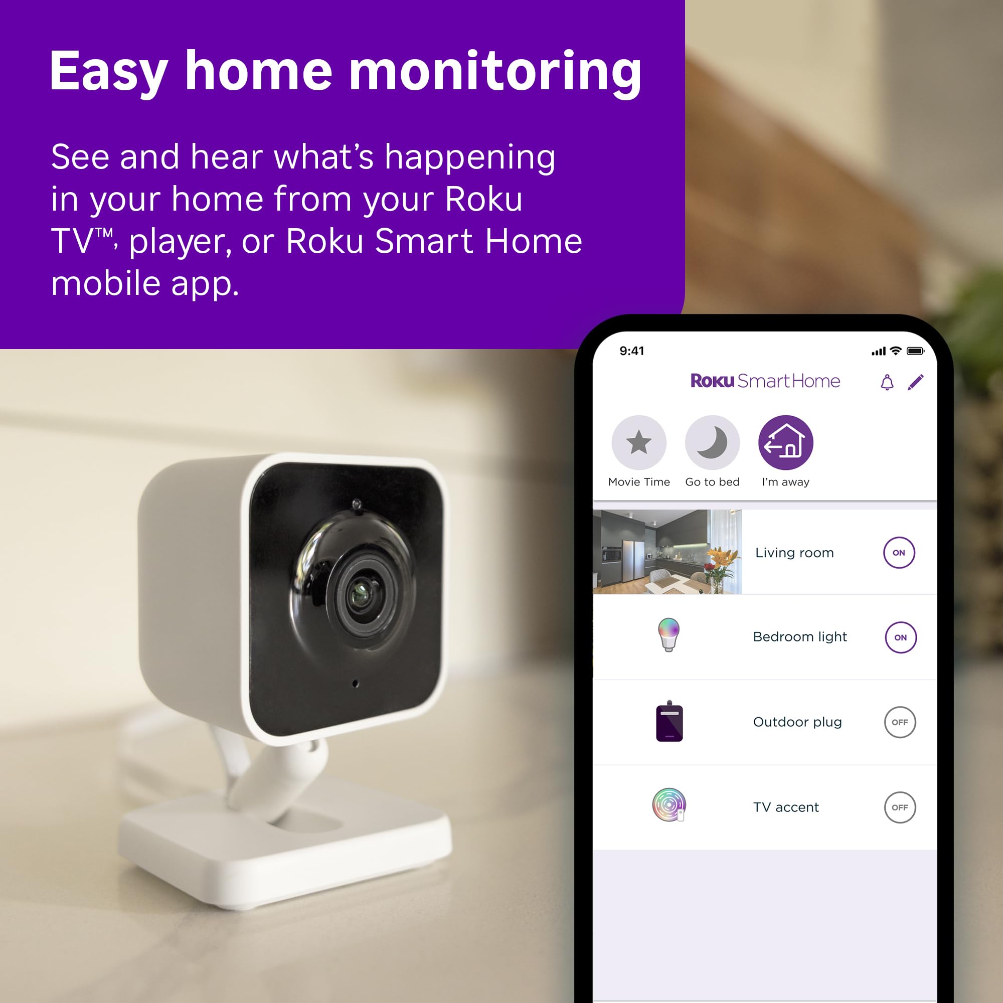 Roku Indoor Camera - Home Security - 1-Pack - Wired Security Camera & Pet Monitor with 1080p HD Color Night Vision, Works with Alexa & Google, Motion & Sound Detection, WDR & WiFi 6 -Like New