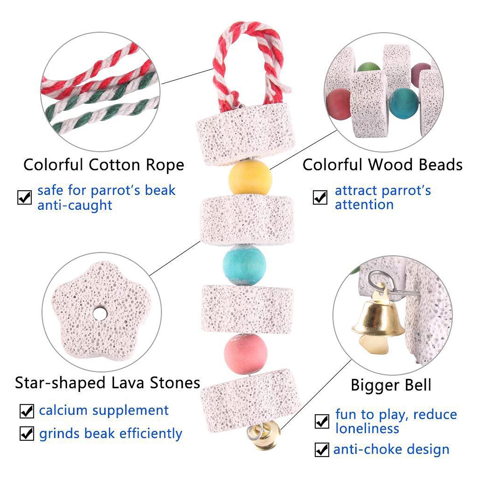 Ismeally 2Pcs Pet Bird Chew Toy Lava Stone Parrot Chewing Toy Beak Trimmer Calcium Stone With Bell For Hamster Chinchilla Rabbit