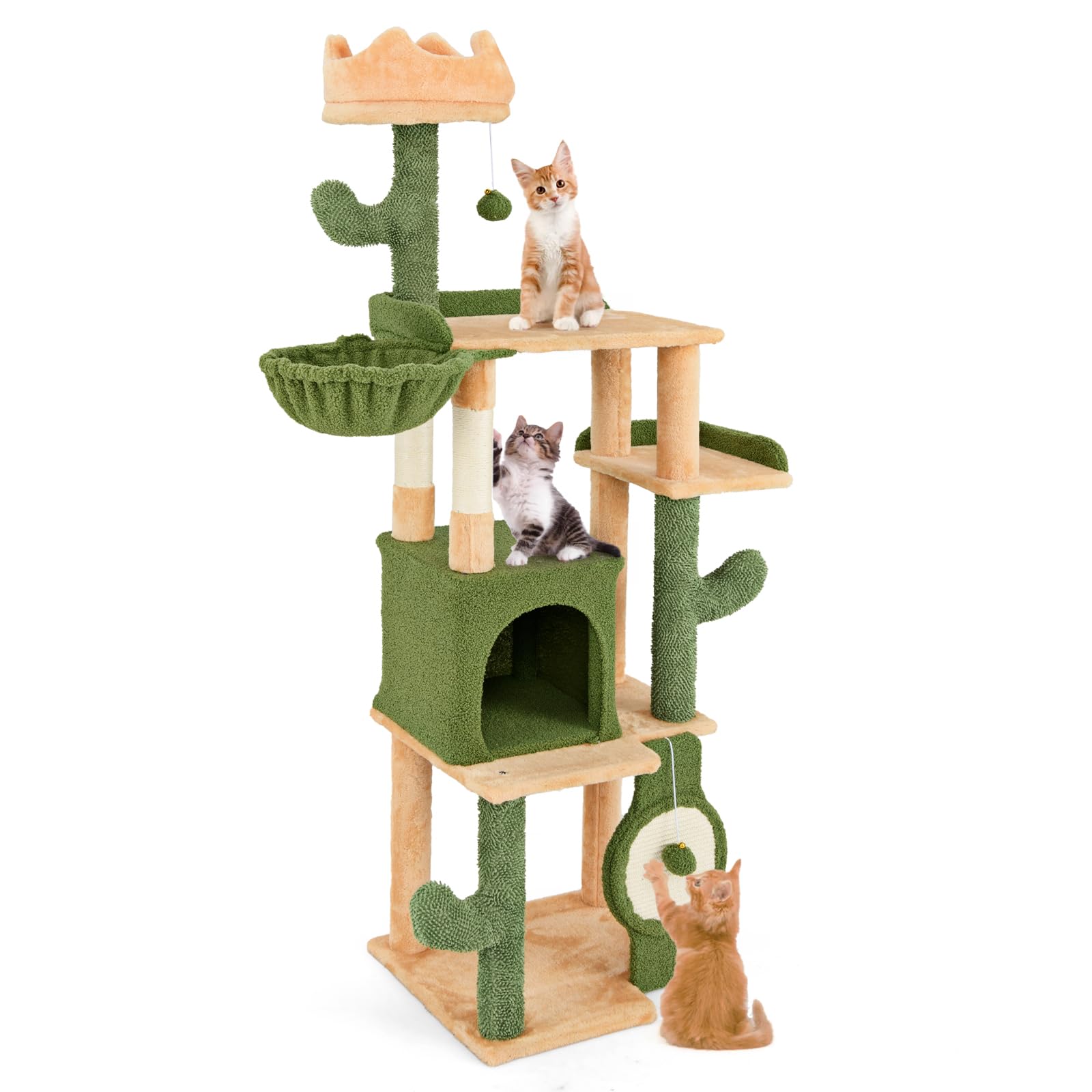 PETSITE 63 inch Cactus Cat Tree, Multi-Level Tall Cat Tower with Sisal Scratching Posts and Board, Comfy Condo, Rotatable Basket