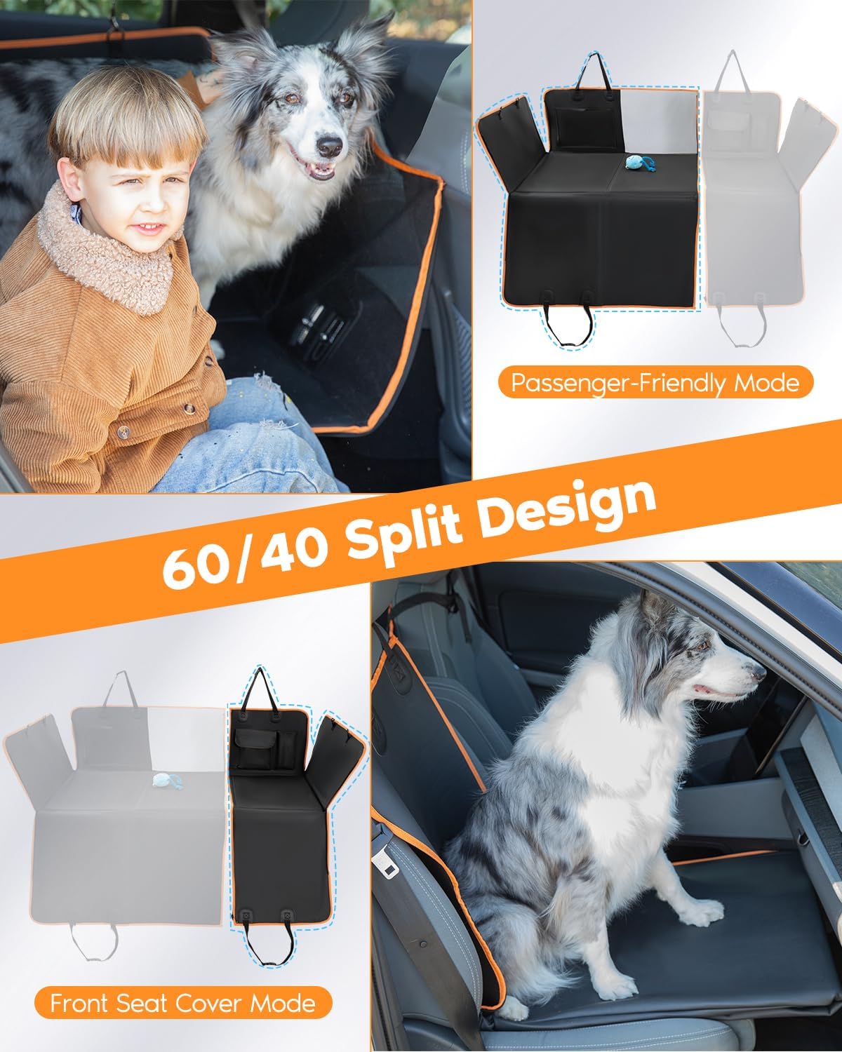 6-In-1 Leather Dog Backseat Extender, Hard Bottom 40/60 Split Waterproof Car Back/Front Seat Cover, Rear Hammock Carseat Protect