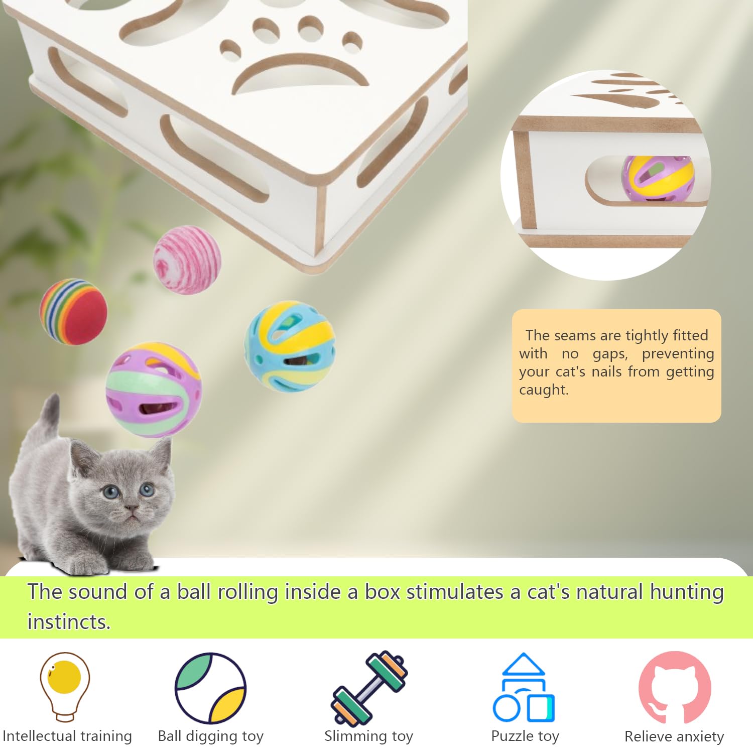 MUCAOL Interactive Wooden Cat Puzzle Toy Box Indoor Hunting Play Toy to Stimulate Your Cats Energy and Instincts (White)