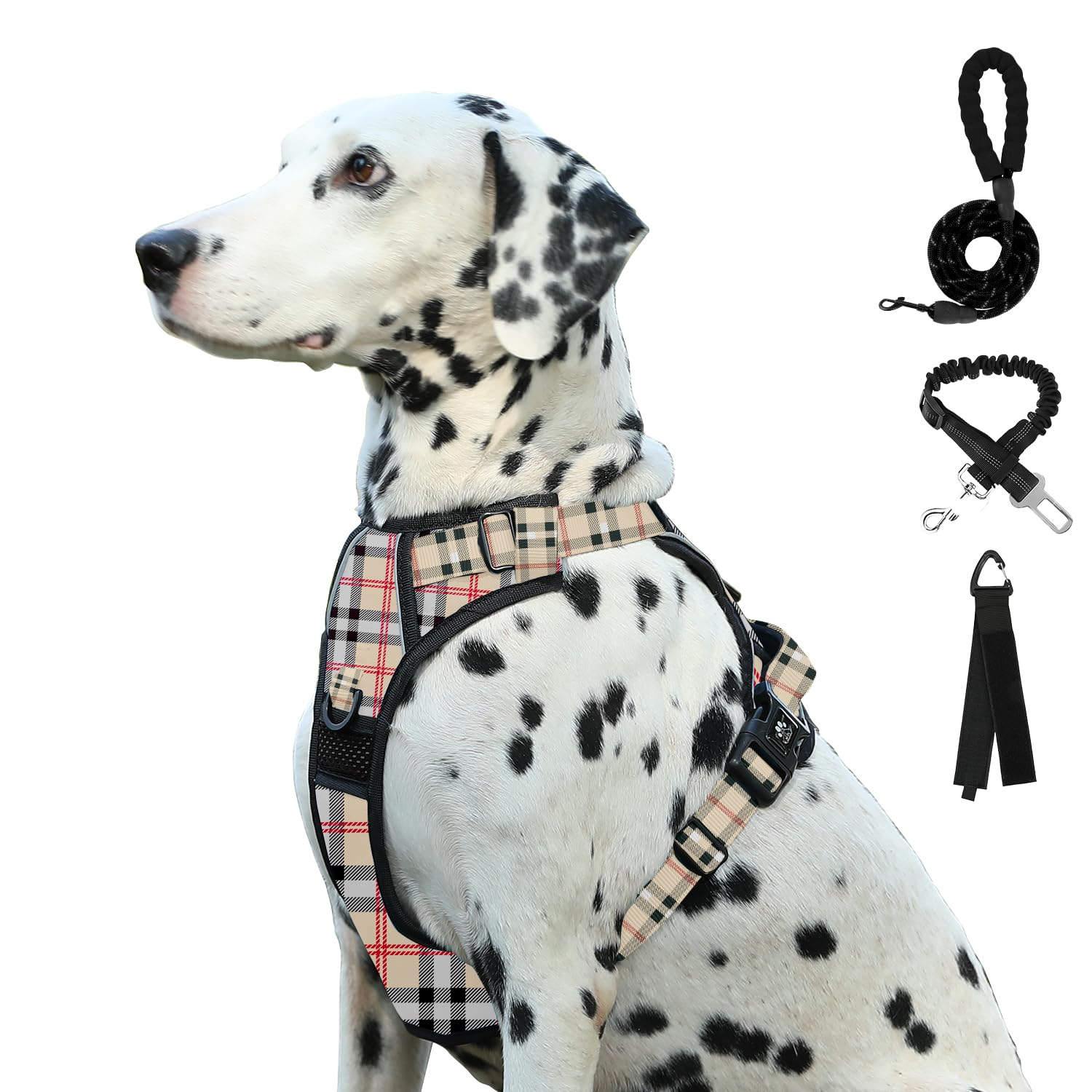 Furryfection Plaid Dog Harness For Large Dogs | No Pull Reflective Pet Harness | No Choke Adjustable Dog Vest Harnesses | With Leash | Easy Control Handle | Front Lead | Seat Belt | Beige&White | Xl