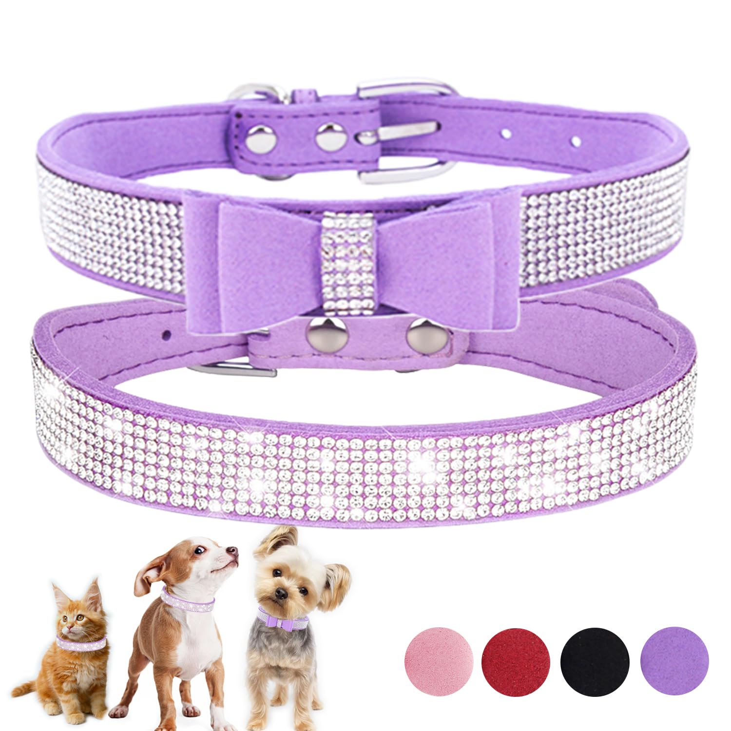 Purple Diamond Dog Collar Xs, 2-Pack Bling Cat Collar Soft Suede Glitter Rhinestone Jewelry Crystal Girl Puppy Collar With Bow F