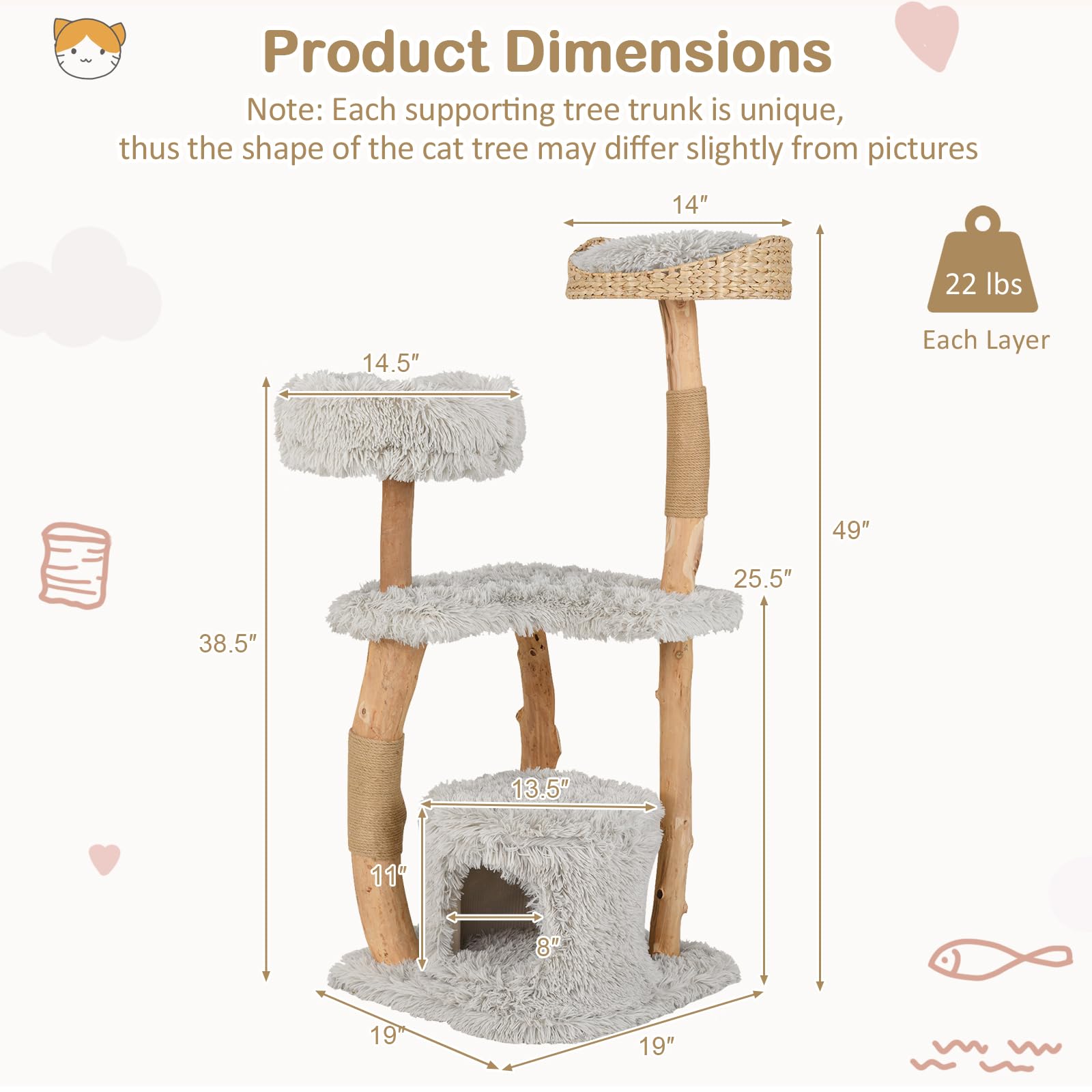 Petsite 49 Inch Cat Tree For Indoor Cats, Cute Solid Wood Modern Multi-Level Cat Tower With Scratching Posts, Top Cattail Basket