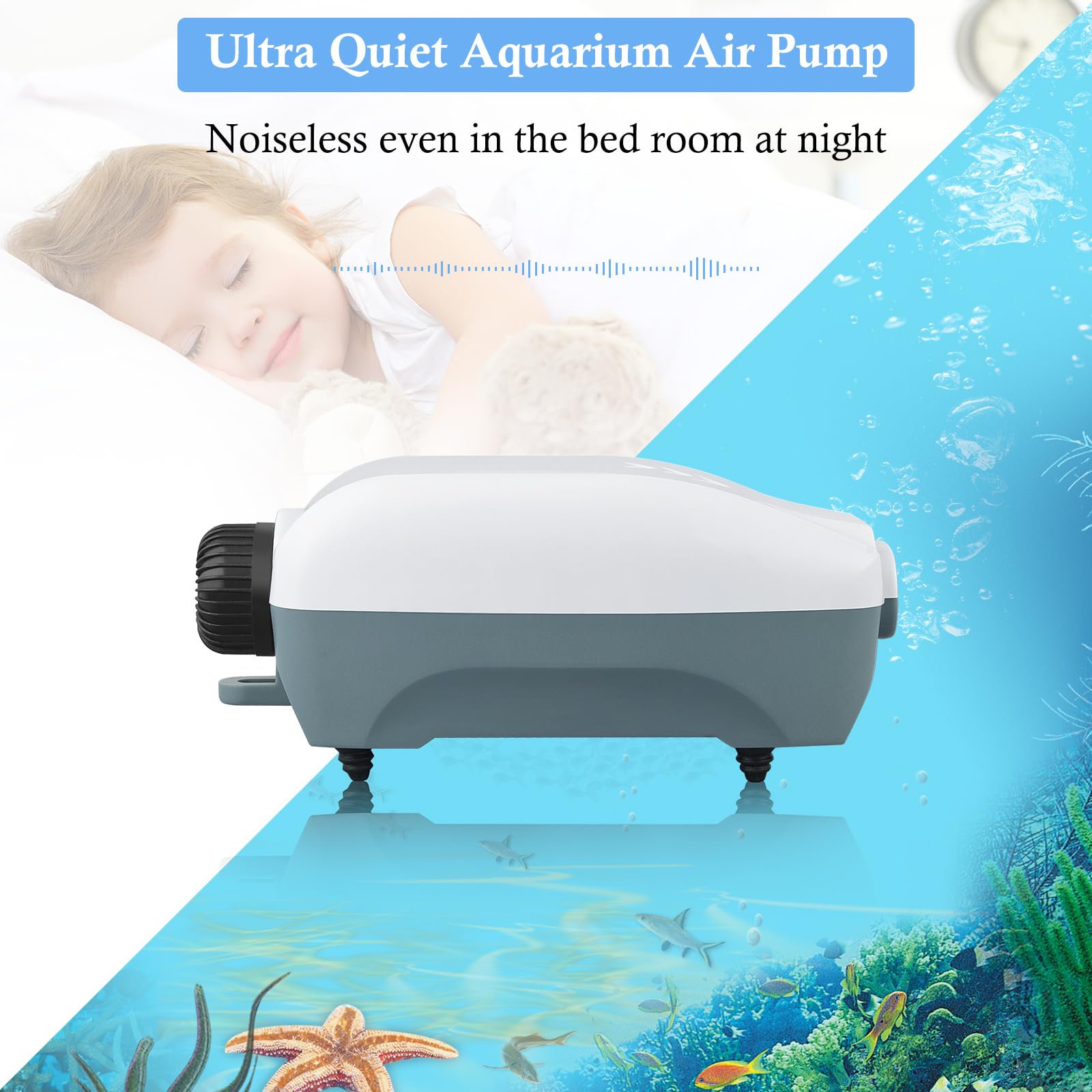 Hitop Dual Outlet Aquarium Electric Air Pump, Whisper Adjustable Fish Tank Aerator, Quiet Oxygen Pump With Accessories For 20 To 100 Gallon (2 Outlets)