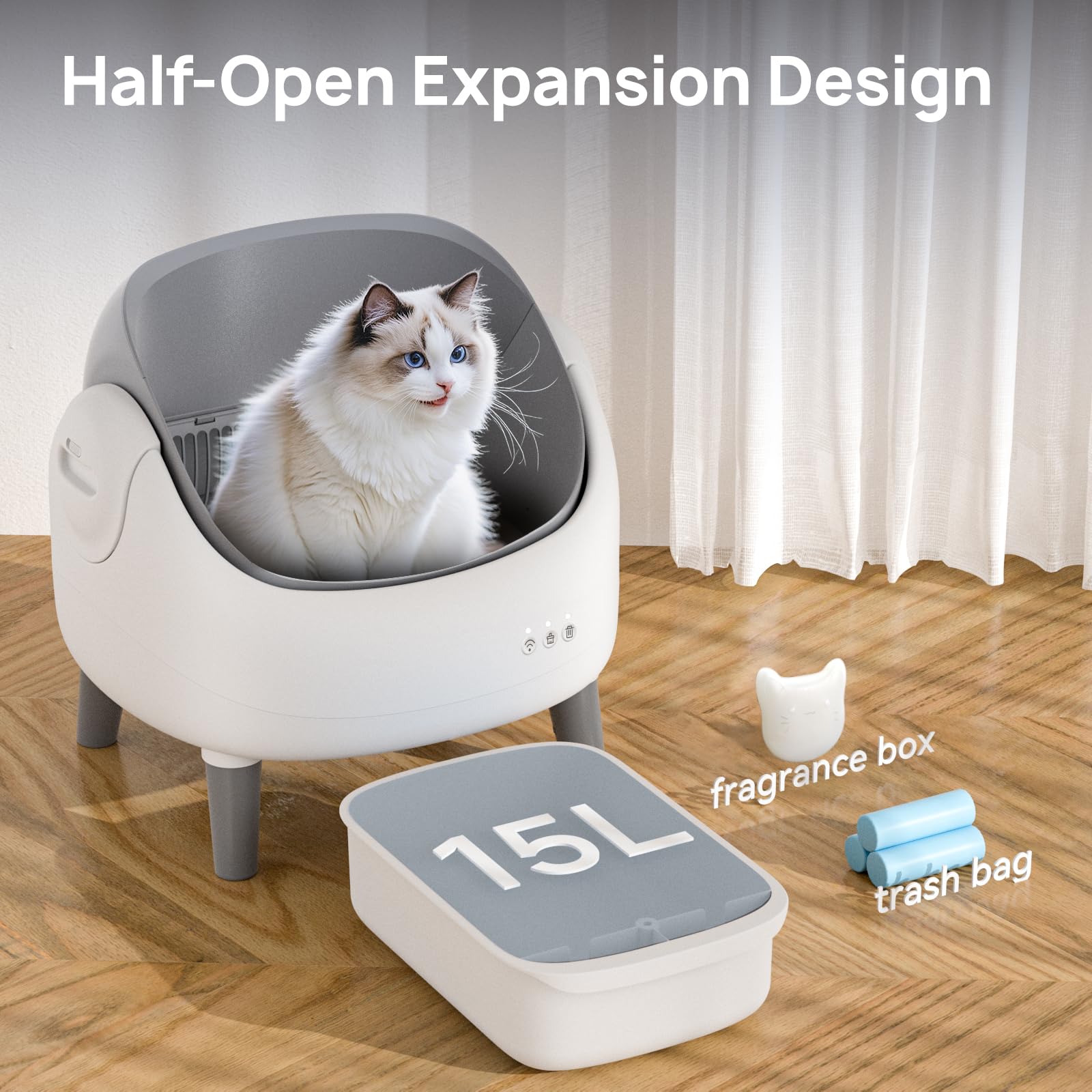 Open-Top Self Cleaning Litter Box, Automatic Cat Litter Box with APP Control, Dual Safety Sensors, Includes Trash Bags, Grey-Whi