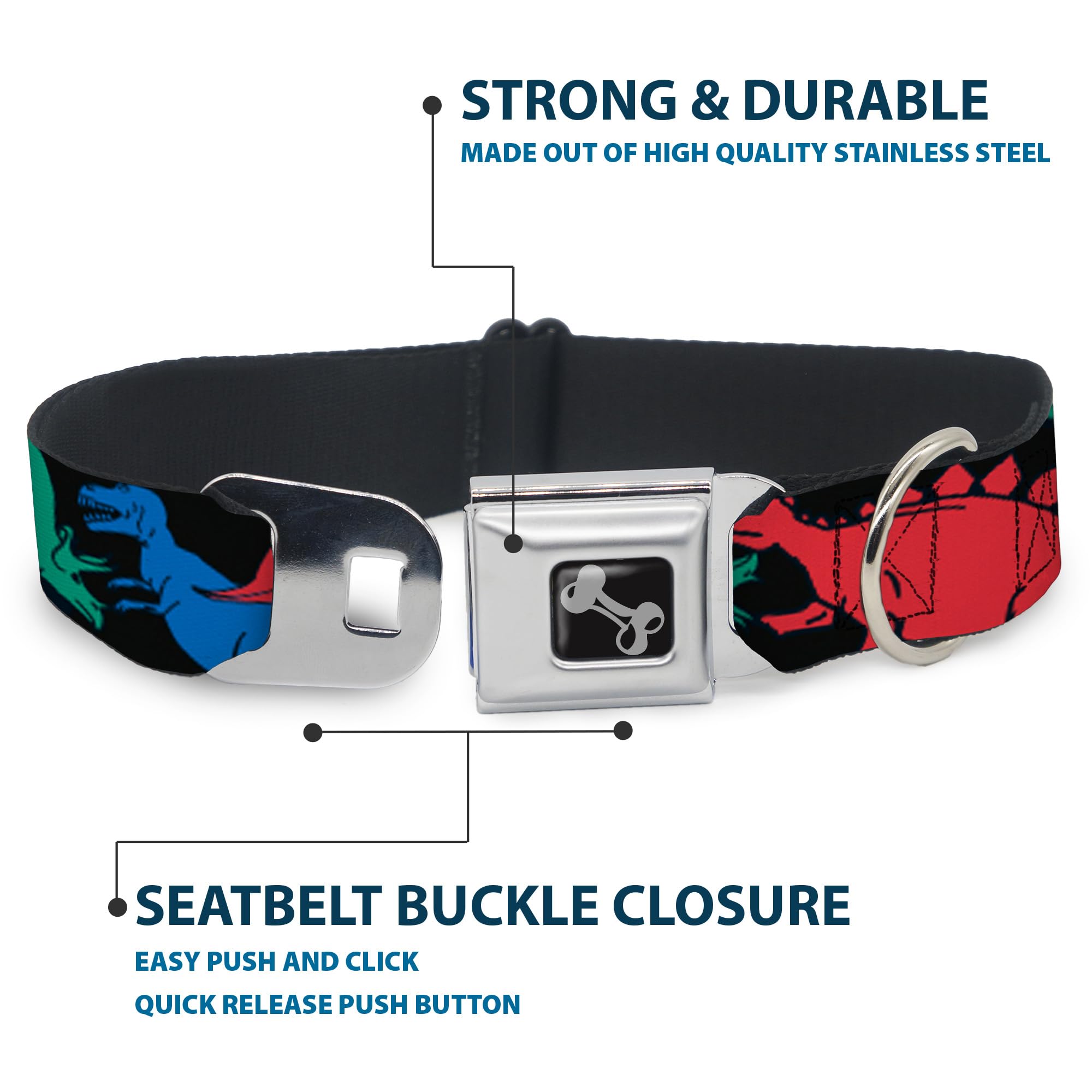 Buckle-Down Seatbelt Buckle Dog Collar - Dinosaurs Black/Multi Color - 1 Wide - Fits 9-15 Neck - Small