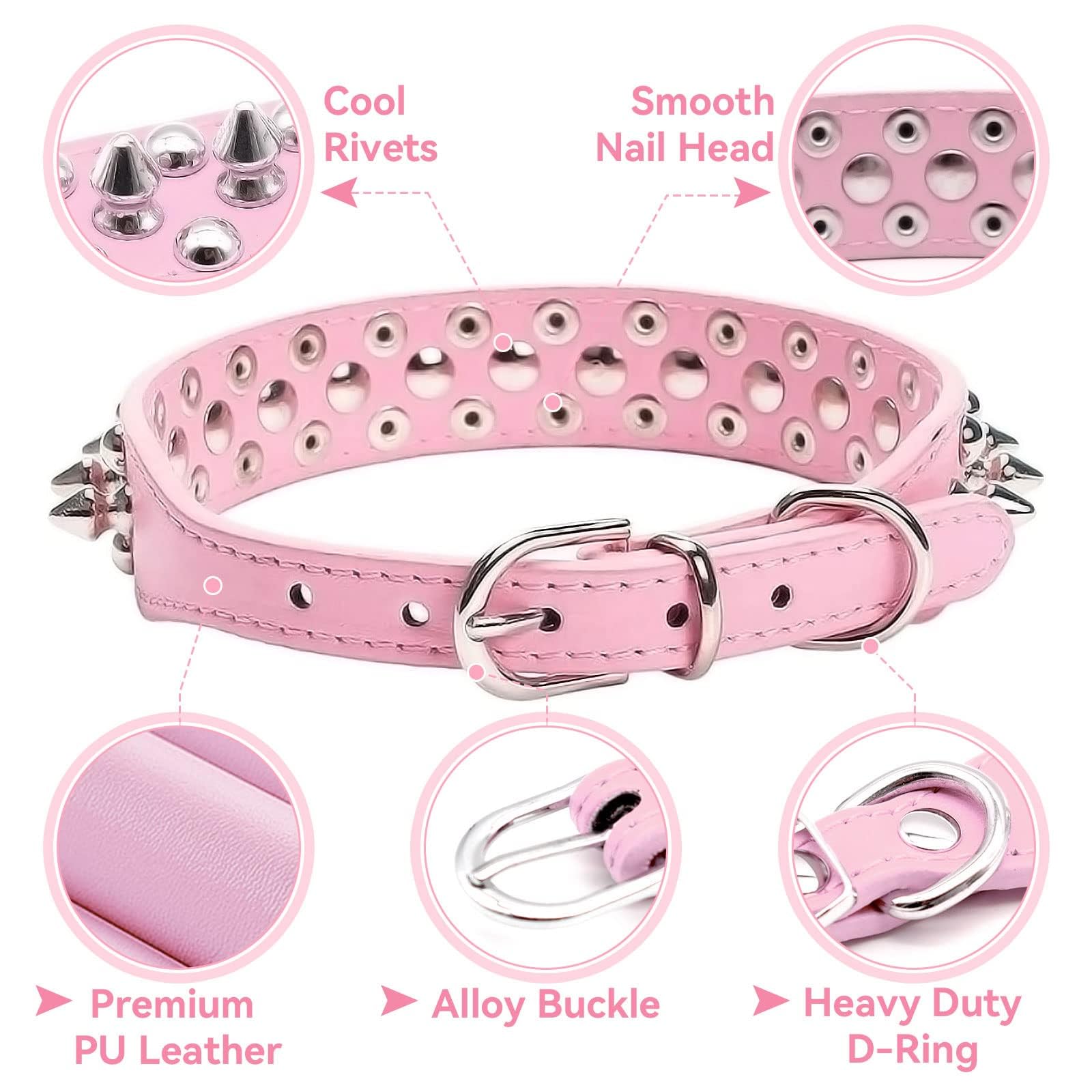 Doggyzstyle Spiked Dog Cat Collar Female Pink Soft Leather Spike Puppy Collars Adjustable Mushroom Anti Bite Studded Dog Collars For Small Medium Large Dogs Chihuahua Yorkshire Pit Bull (Pink,M)