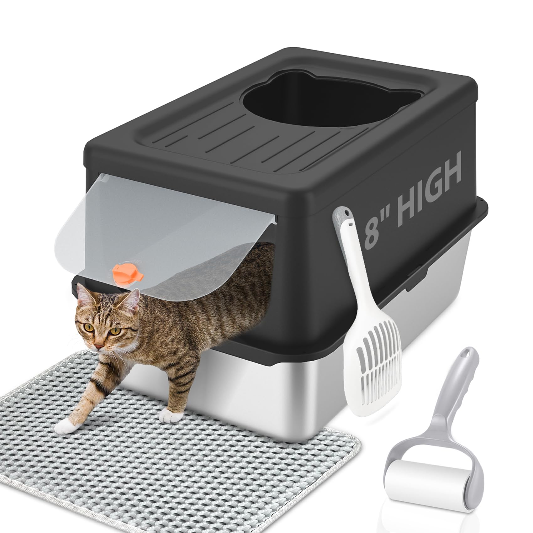 Lihoooom Litter Box With Lid, Stainless Steel Litter Box Xl, 14'' H Metal Cat Box With High Sides Wall Enclosure, Cat Pan, Non-S