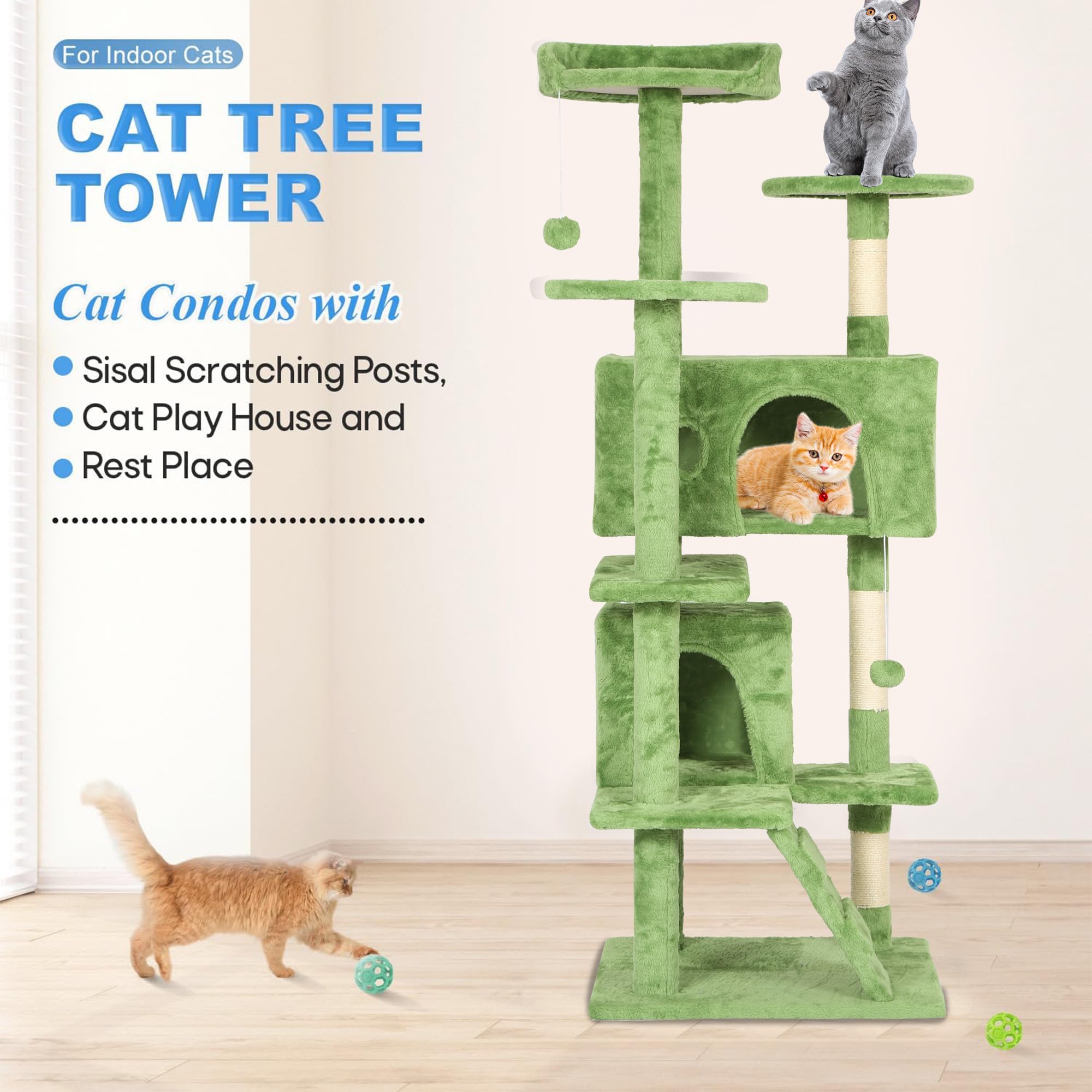 FDW | 54 Cat Tree Tower | Green | Multi-Level Indoor Activity Center with Sisal Scratching Posts, Condos, Plush Perches, Hanging