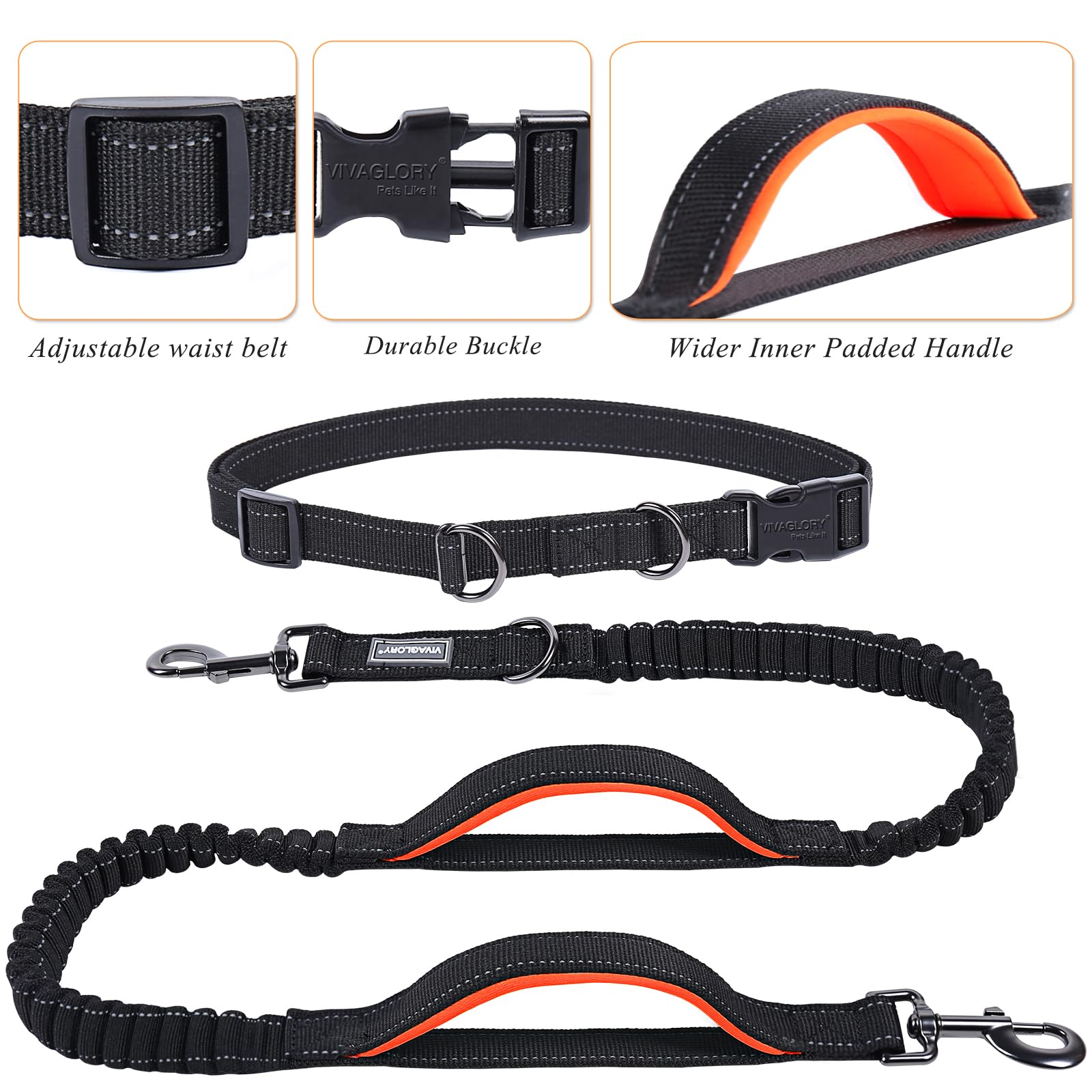 Vivaglory Hands Free Dog Leash With Dual Advanced Anti-Shock Bungees And Padded Handles, Reflective Waist Running Leash With Adjustable Belt For Training Jogging For Medium Large Dogs, Black/Orange