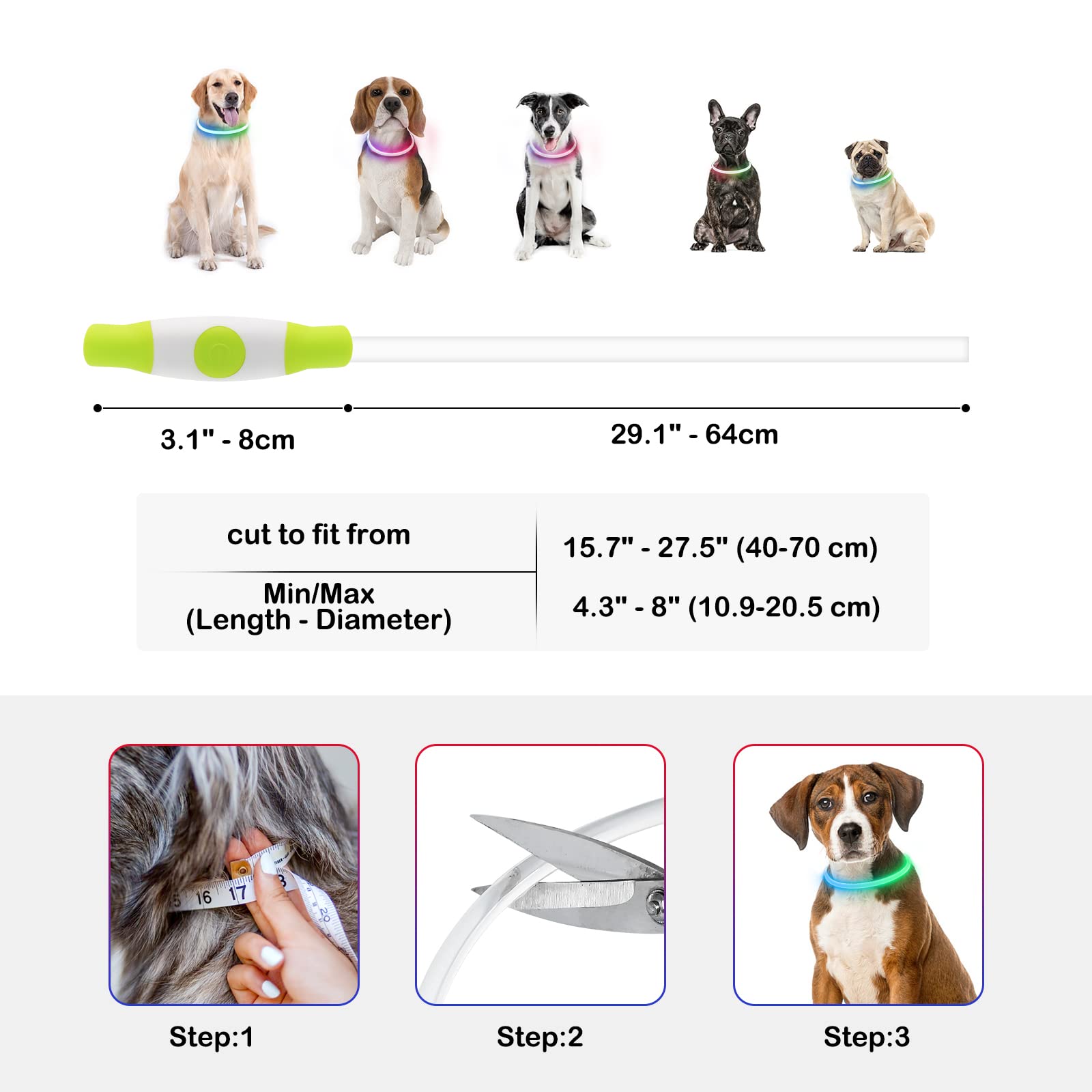 Light Up Dog Collars, Multi-Color Usb Rechargeable Dlitk Led Dog Collar 1 Count, Tpu Cuttable Size Glow Collar For Dogs, Dog Col