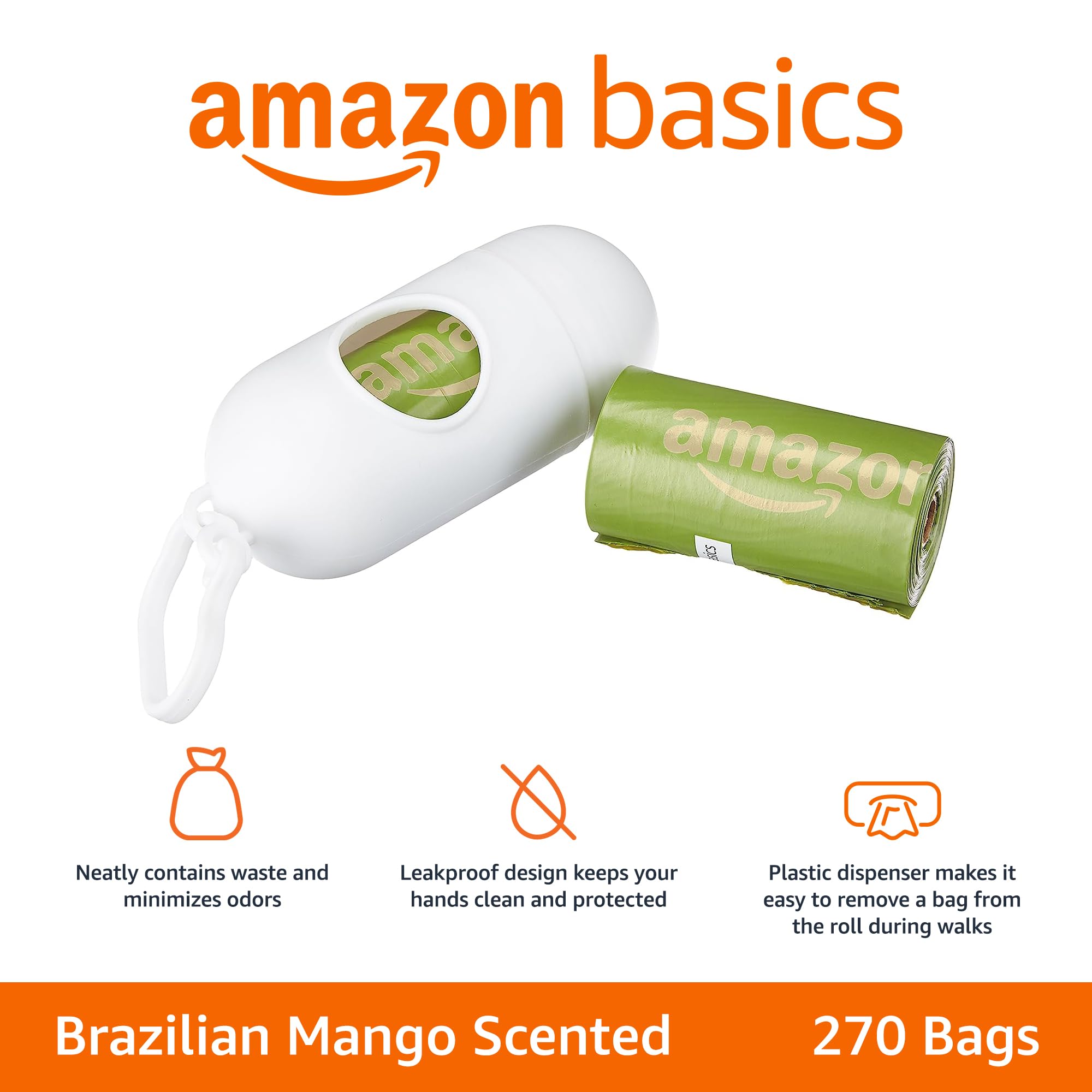 Amazon Basics Dog Poop Bags With Dispenser, 270 Count, Enhanced For Guaranteed Leakproof, Brazilian Mango Scented, Includes Leas