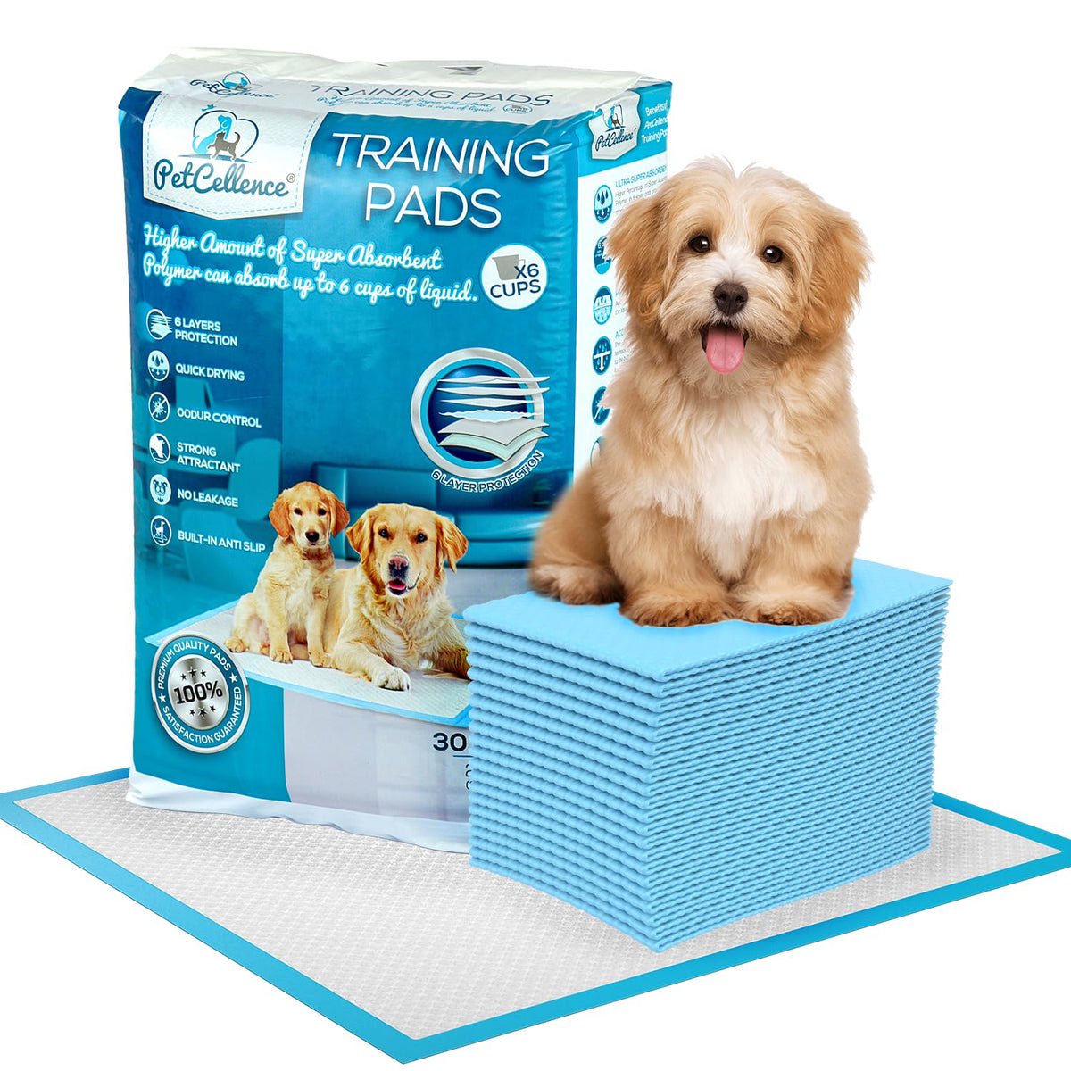 Petcellence Puppy Pads With Non Slip Sticky Tapes – 24' X 24' Super-Absorbent Pee Pads For Dog - Waterproof Dog Pads Large With Leak-Proof Protection For Puppies (6 Layers ︶ 30 Count)