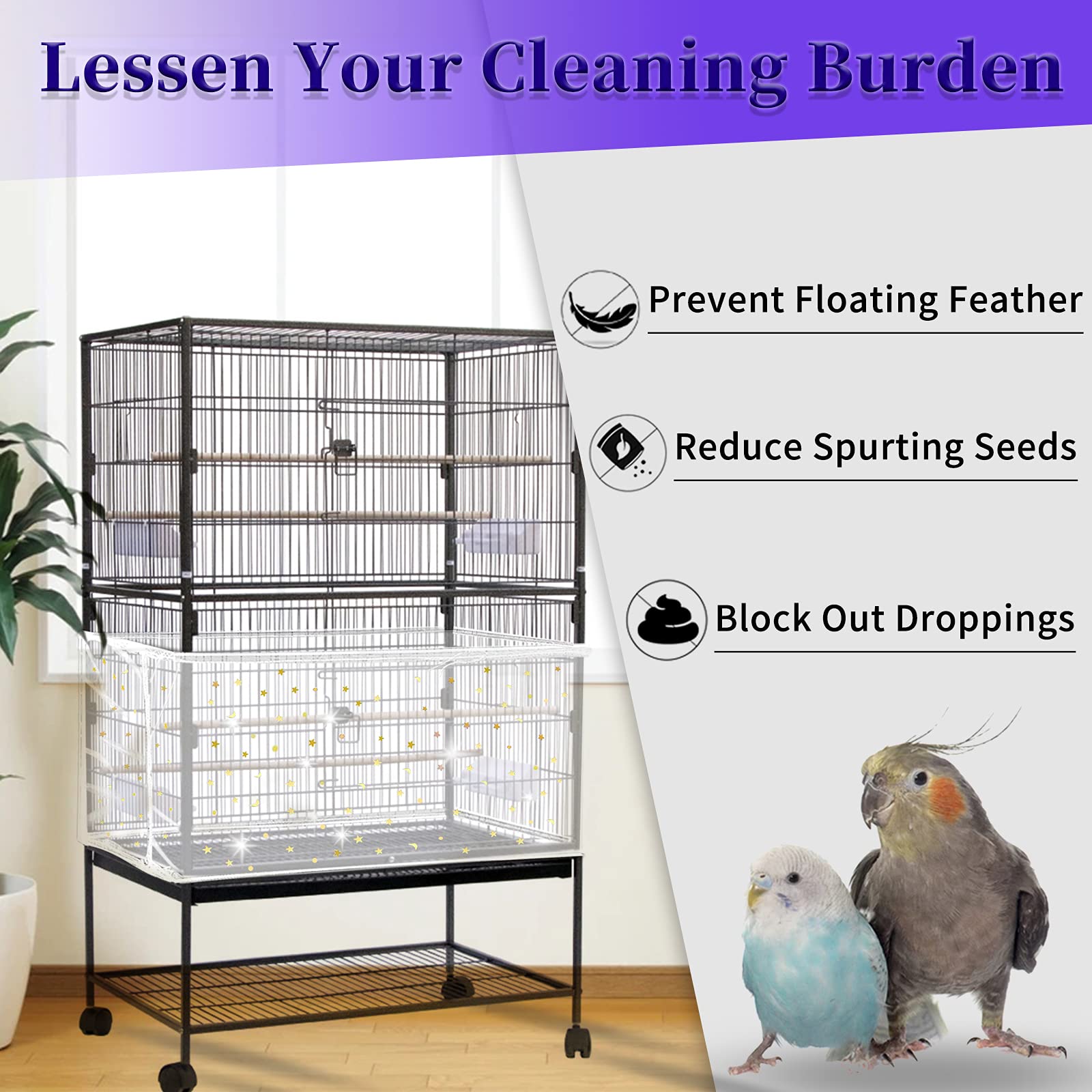 Daoeny Large Bird Cage Cover, Bird Cage Seed Catcher, Adjustable Soft Nylon Mesh Net With Twinkle Moon Star, Birdcage Cover Skirt Seed Guard For Parrot Parakeet Macaw Round Square Cages (White)