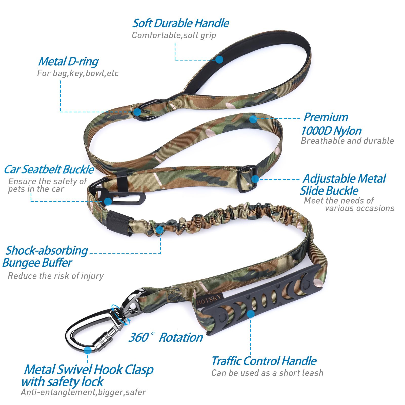 Hotsky Heavy Duty Dog Leash,Military Dog Leash With Car Seat Belt And Double Handle For Large Dogs Up To 800Lbs, 4-6Ft Shock Abs