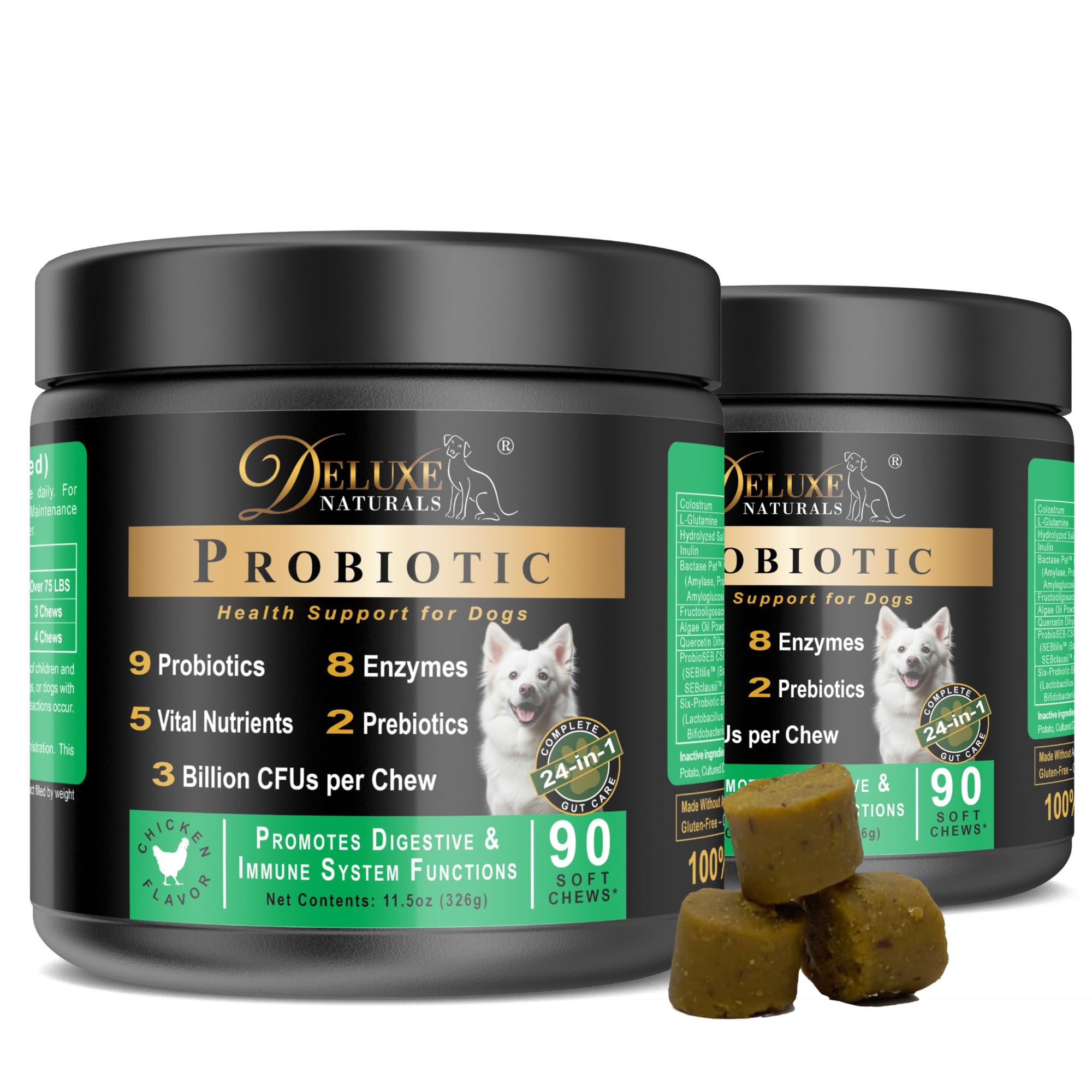Deluxe Naturals Probiotic Soft Chews for Dogs - 180 Count (2 x 90ct) - Digestive & Immune Support with 9 Probiotics, 8 Enzymes, 