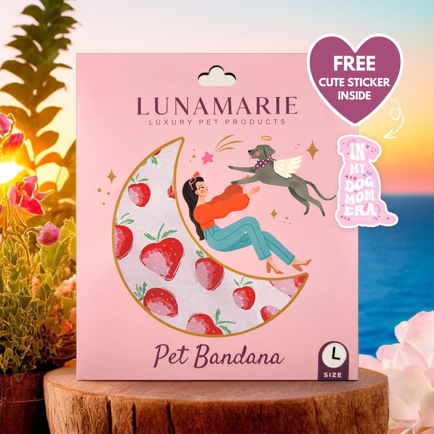 LunaMarie - Luxury Pet Birthday Bandanas -Premium & Silky Poly Fabric | 100% Handmade | Custom Shape Dual Layered (Strawberry, X