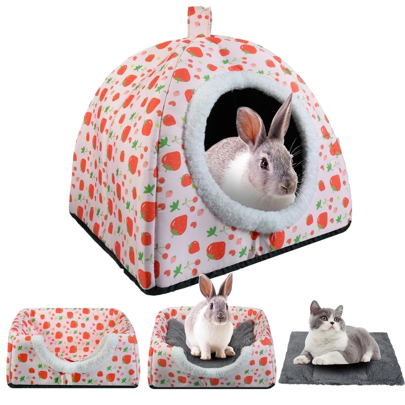 Warm Rabbit Hideout, Washable Bunny Bed & Hideaway House with Strawberry Design, Cozy Fleece Hut for Indoor Rabbits Guinea Pigs 