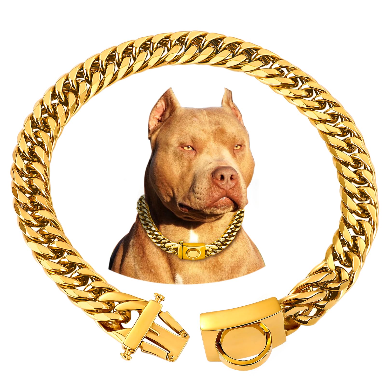 Baobote Gold Chain Dog Collar, 16Mm Heavy Duty Cuban Link Collar With Secure Snap Buckle, Chew Proof For Dogs (18'' Gold)