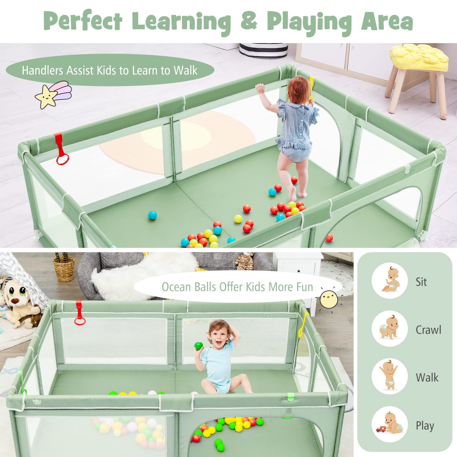 GLACER Baby Playpen 81x59, Extra Large Playard with Gate, Non-Slip Design Base, Indoor & Outdoor Kids Activity Center, Safety an
